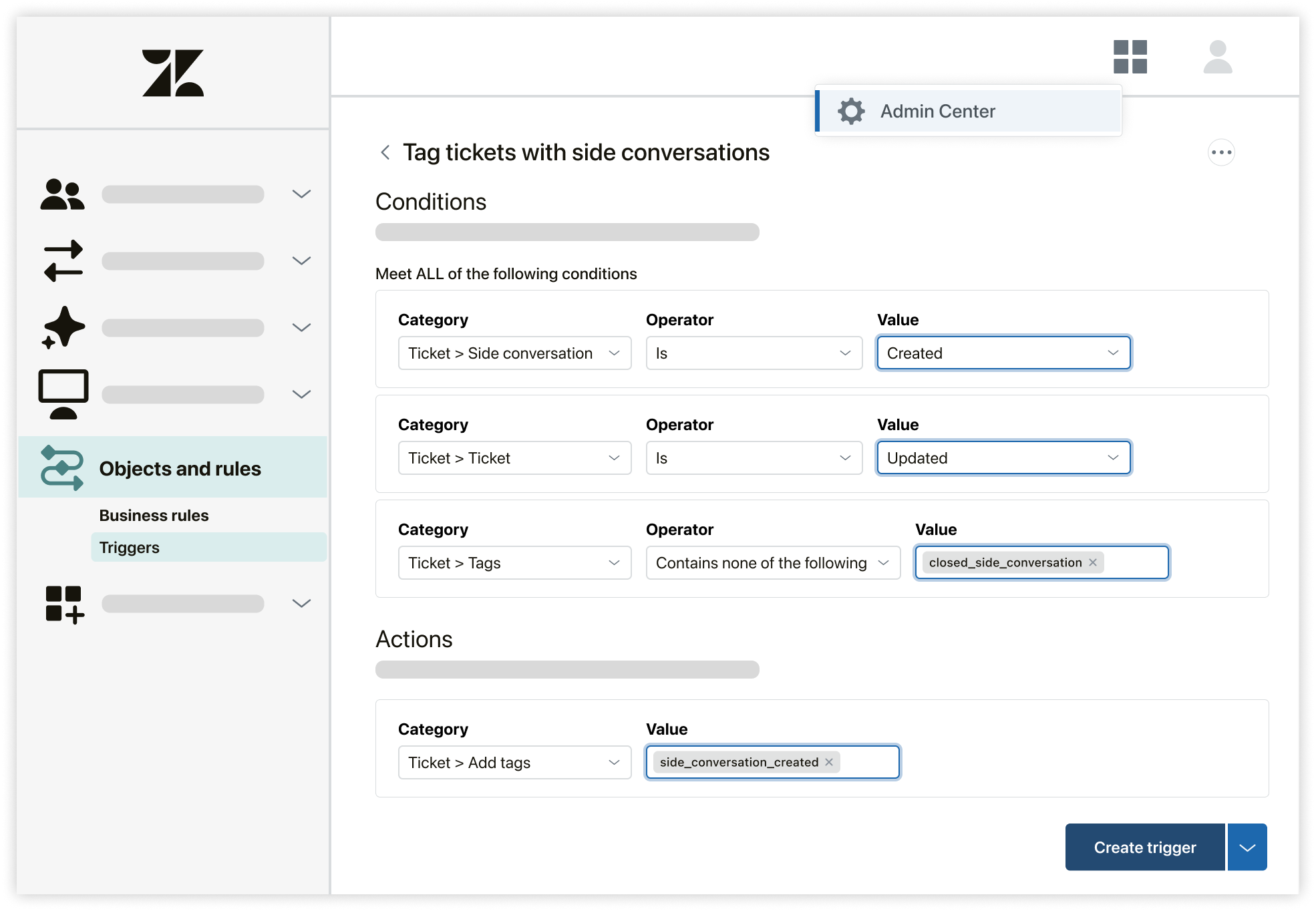 Configuração de gatilho que adiciona tags a tickets com conversas paralelas