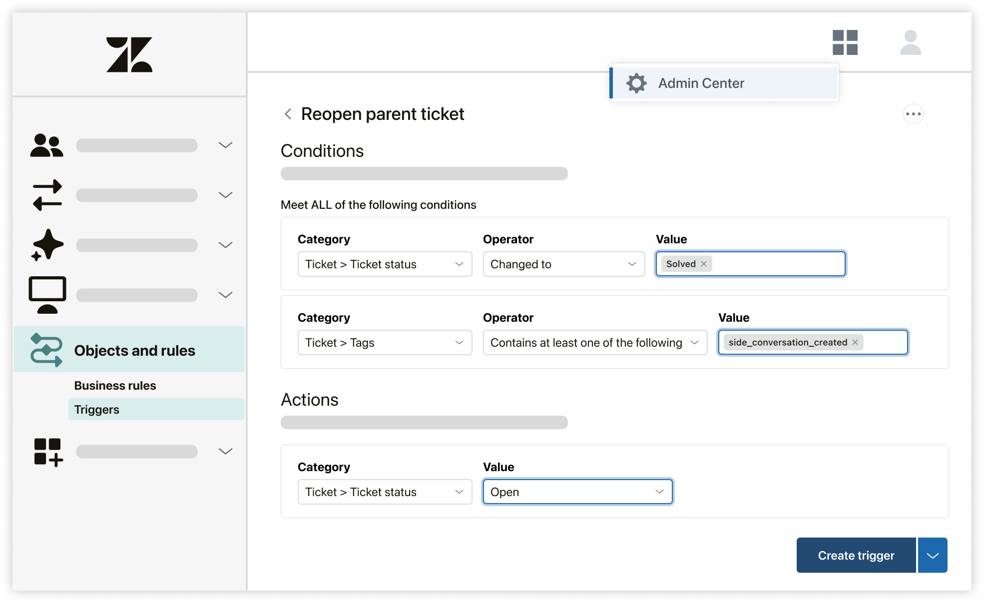 Configuration d’un déclencheur pour rouvrir le ticket parent des conversations annexes