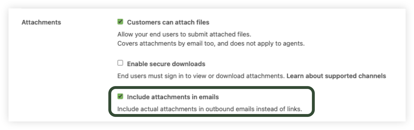 Kontrollkästchen Anhänge in E-Mails in Ticketeinstellungen aufnehmen