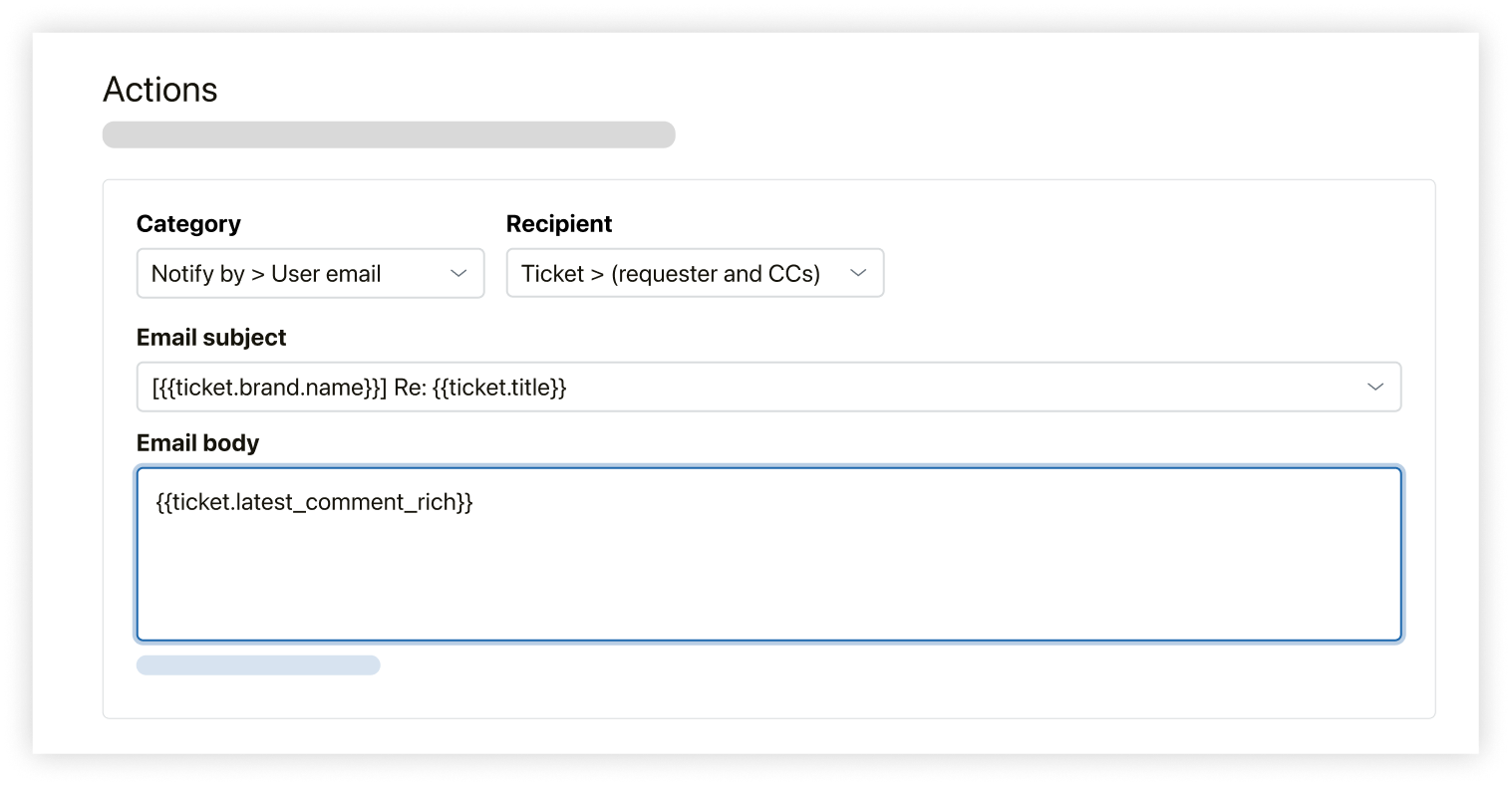 Déclencheur qui utilise le mot-clé {{ticket.latest_comment_rich}} balise pour afficher les pièces jointes
