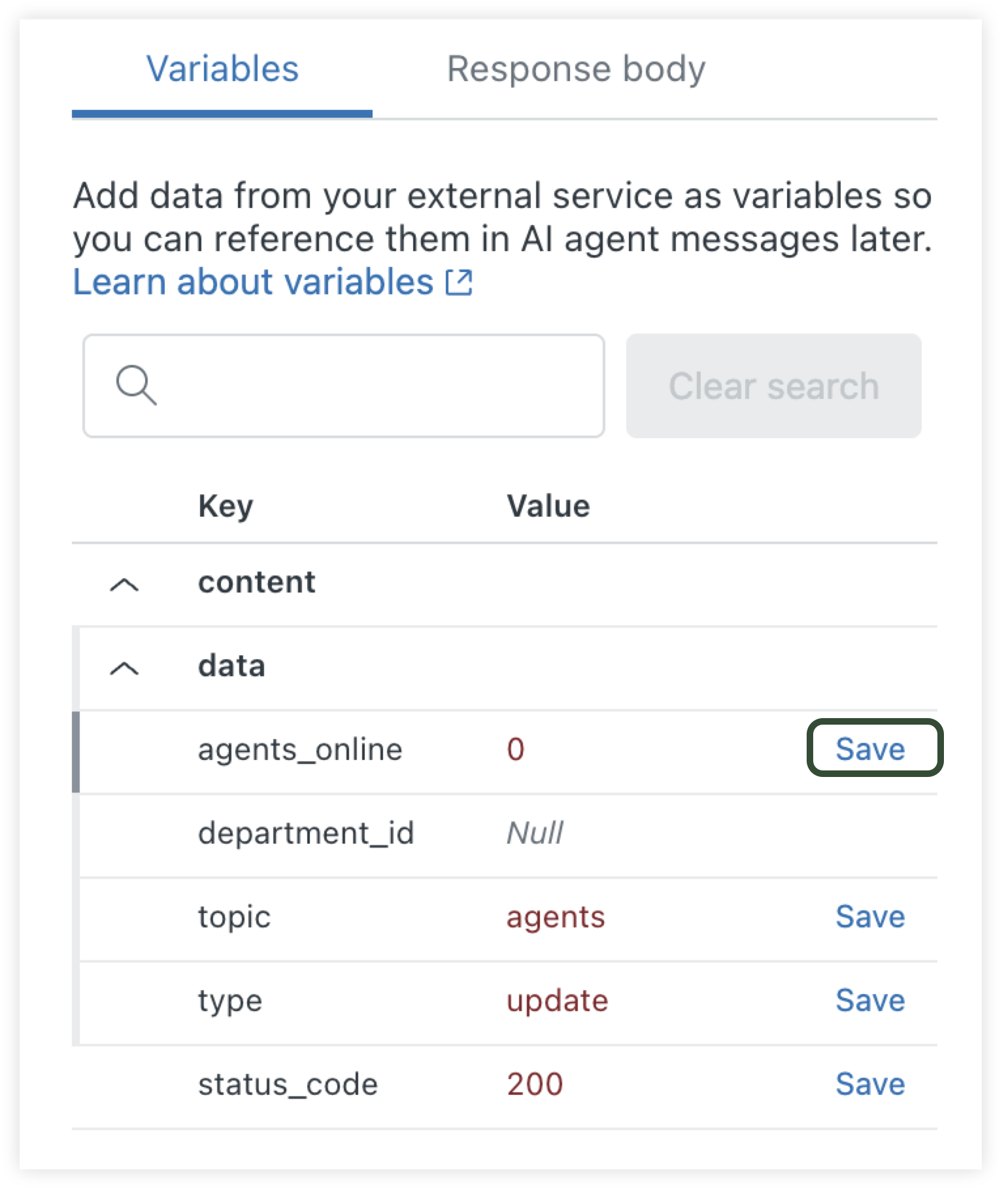 Add the agents_online variable in the Make an API call step
