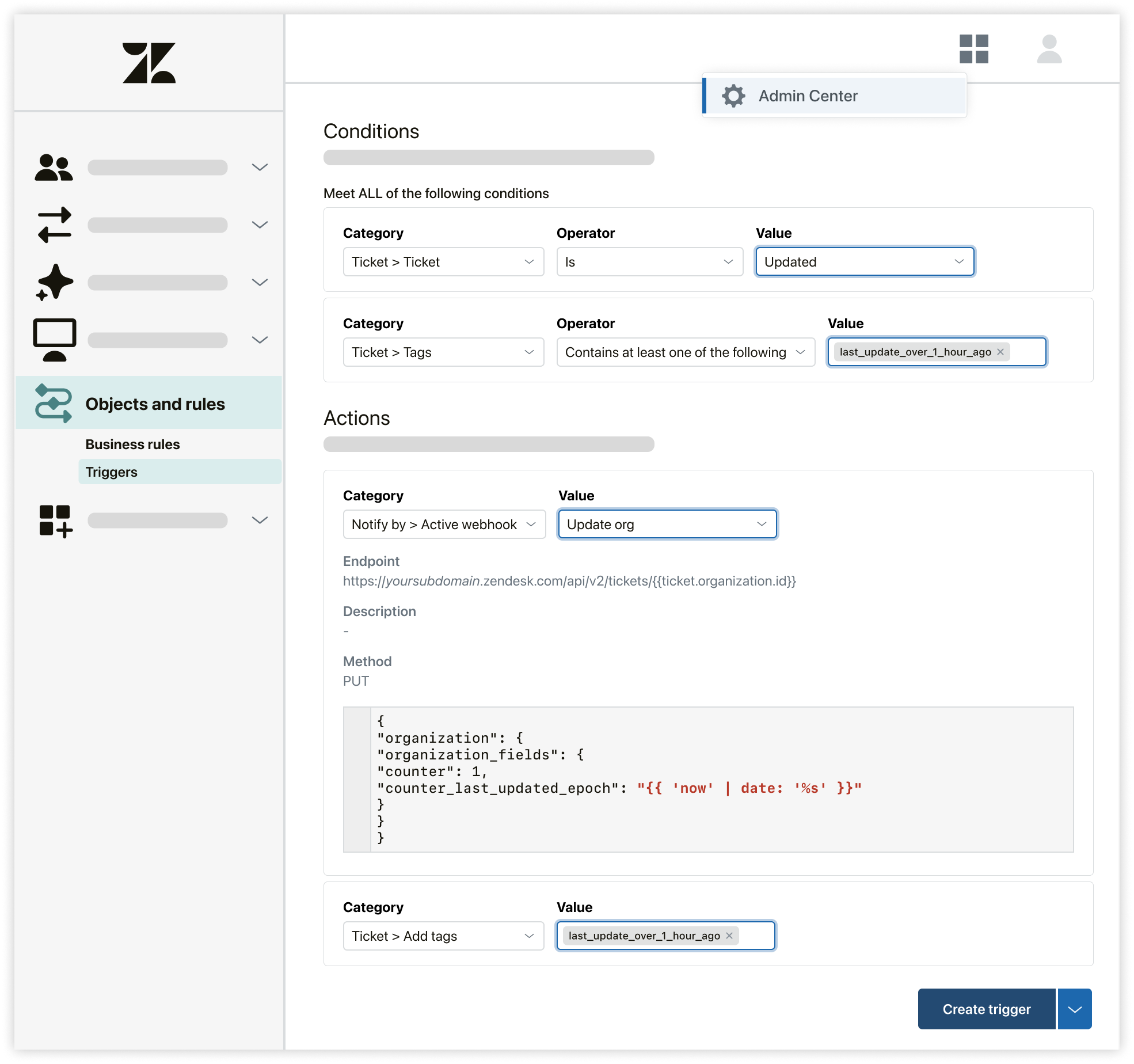 カウンタを1にリセットするトリガ