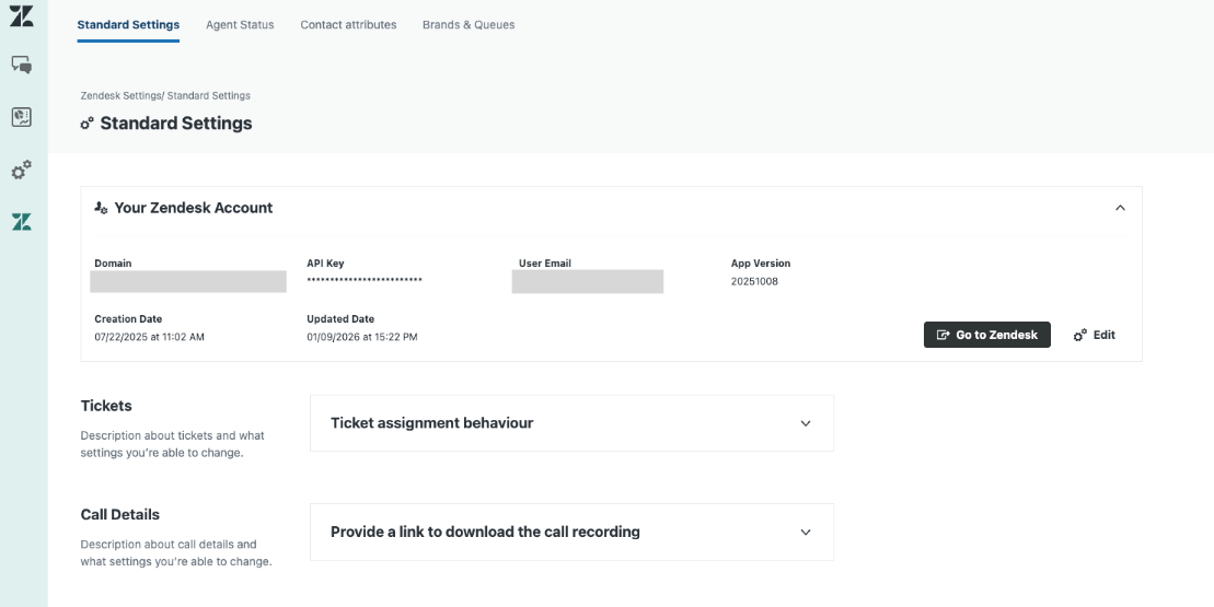 Standard settings page
