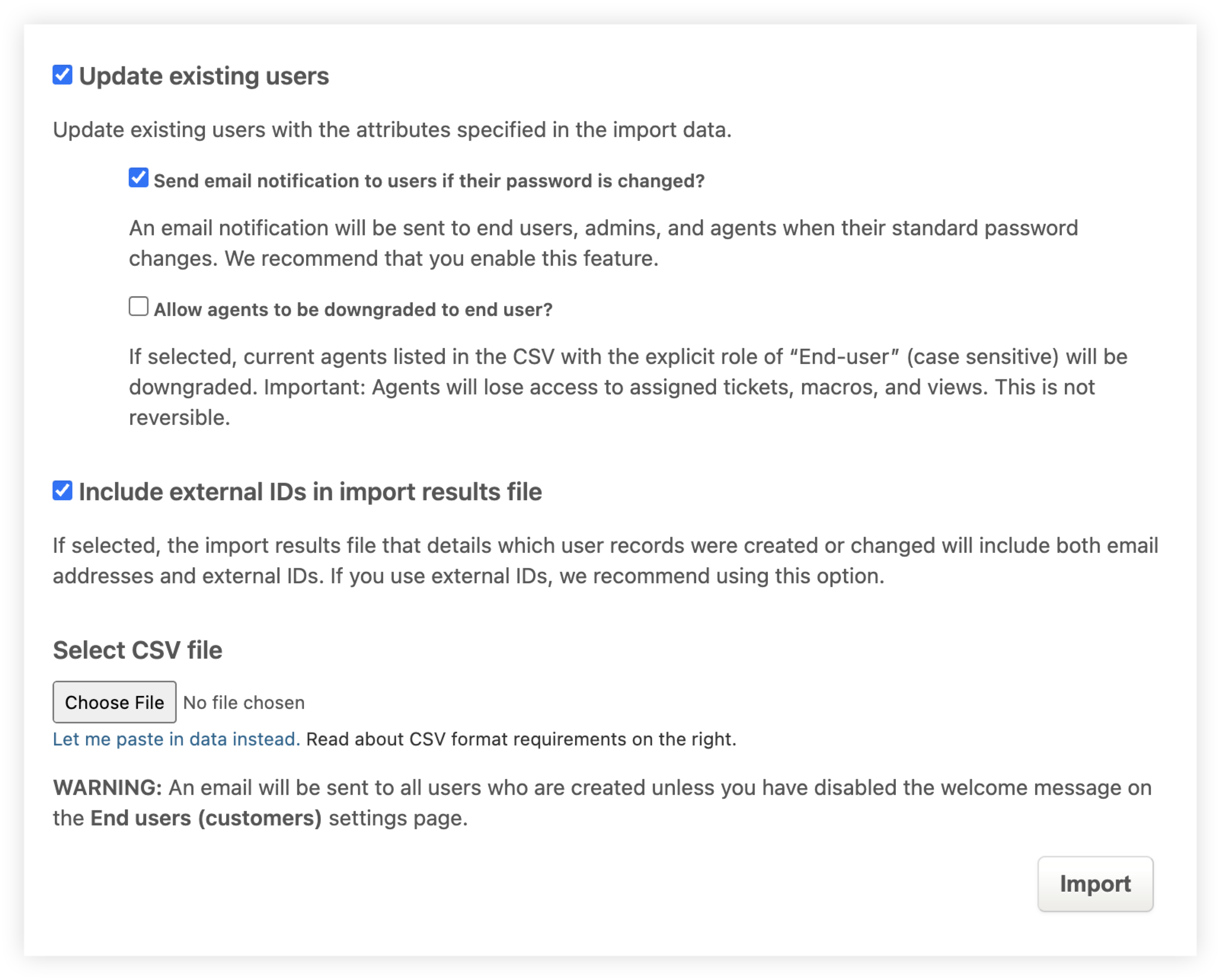 Bouton et options d'importation de fichier CSV à partir de la page Clients