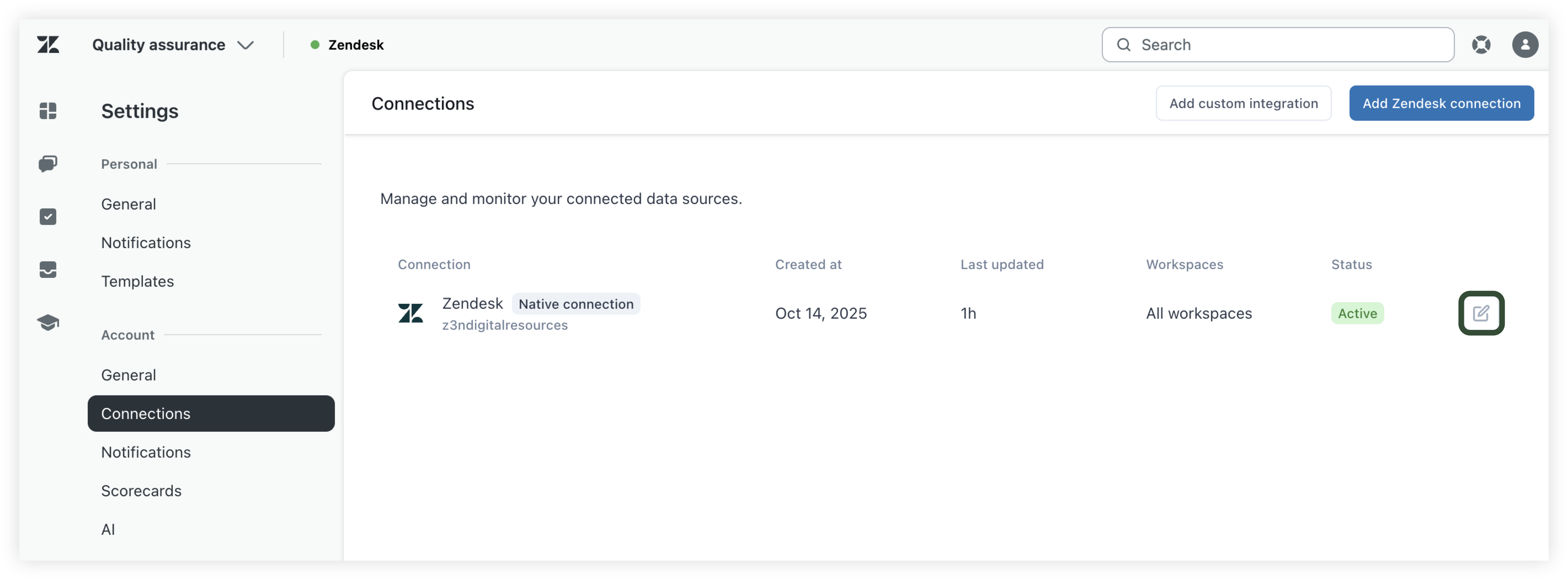 Edit a connection in Zendesk QA