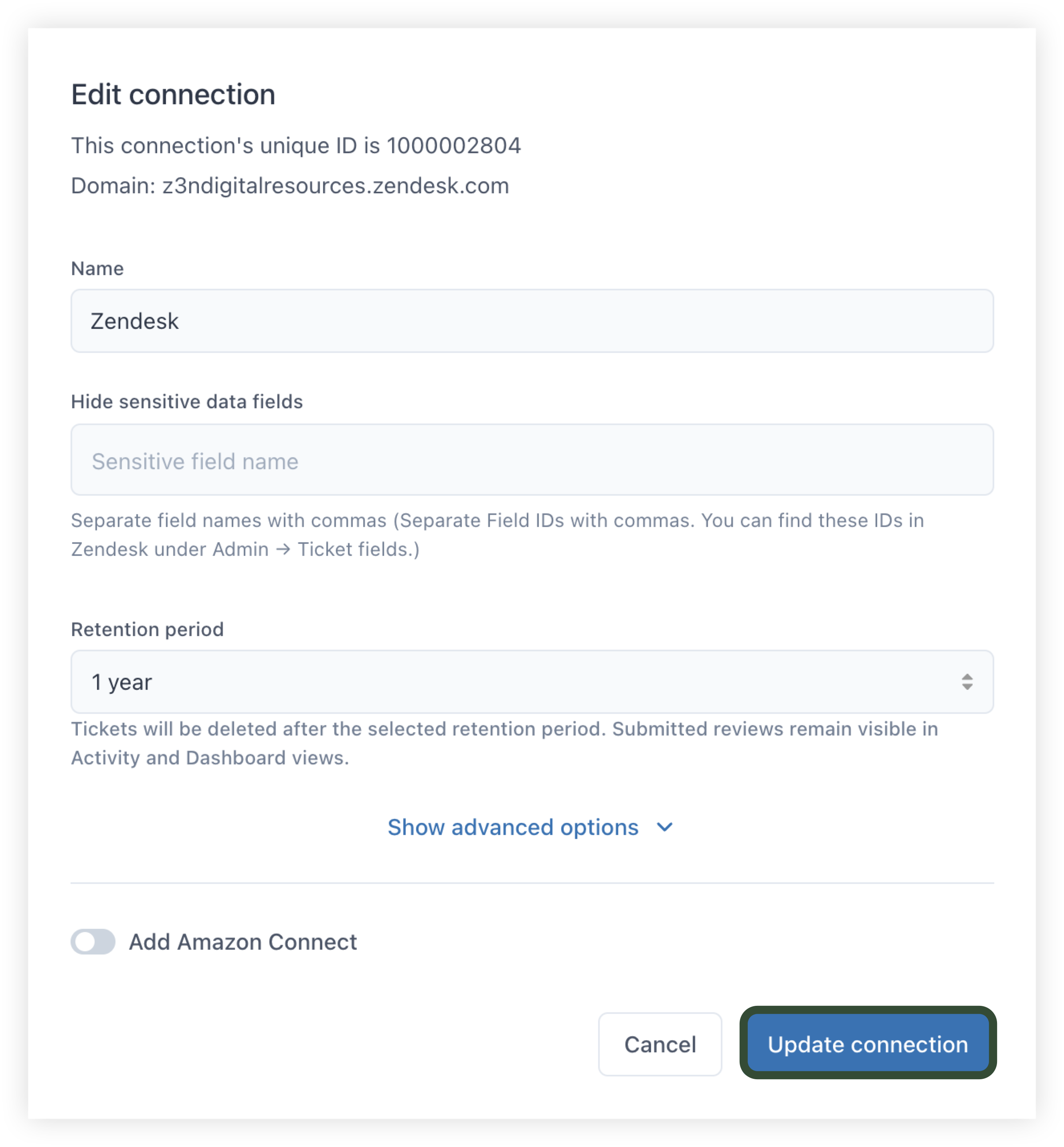 Update connection popup window