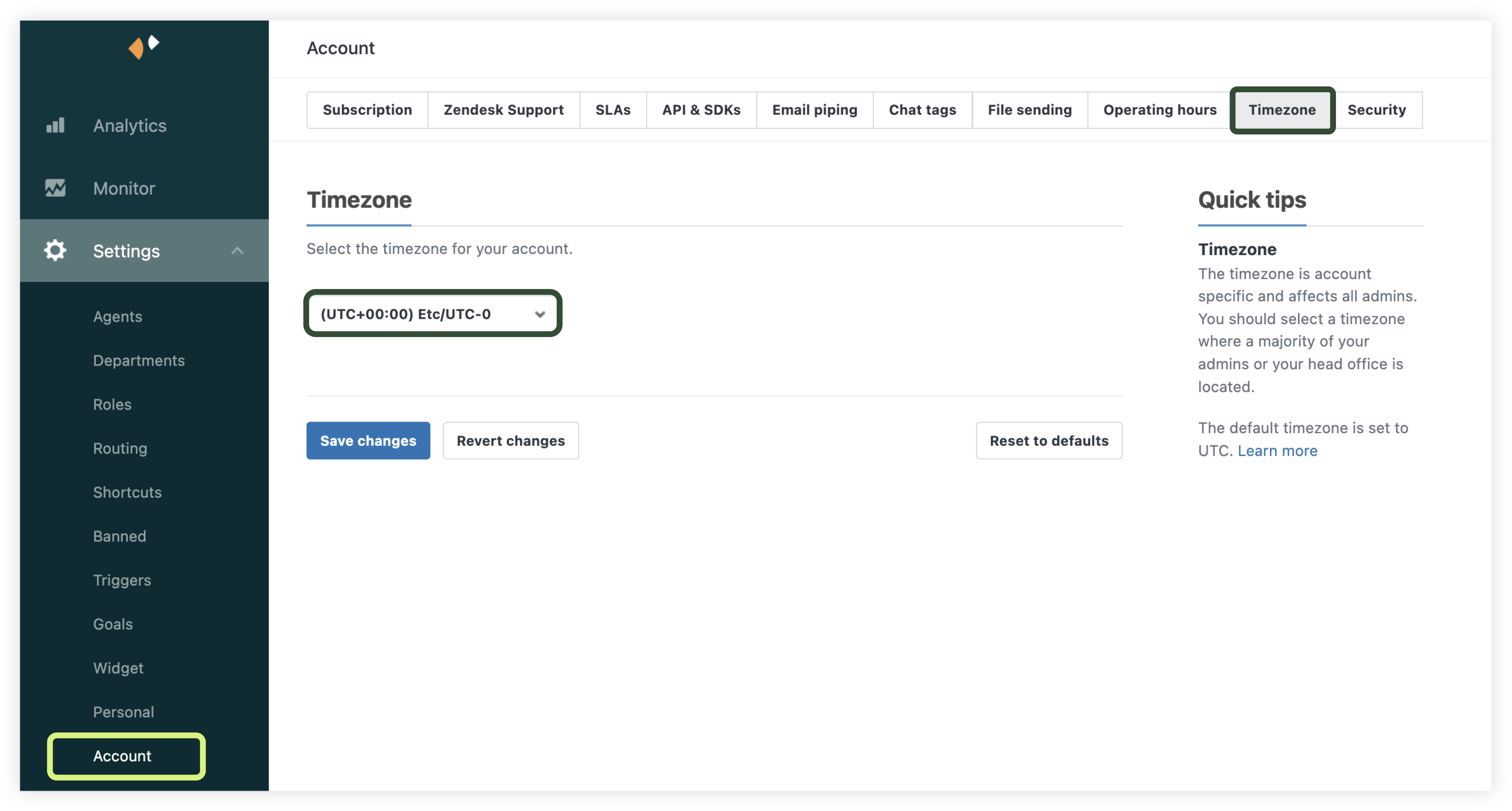 Chatダッシュボードの「Accounts」ページの「Timezone」タブ