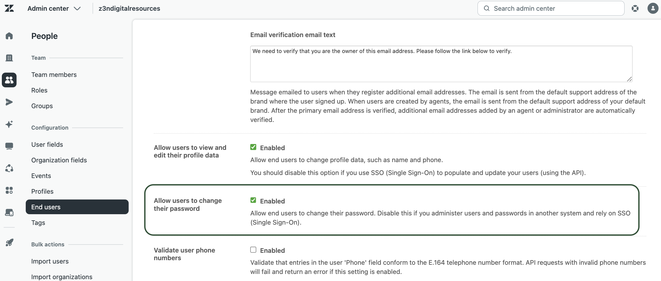 Allow users to change their password