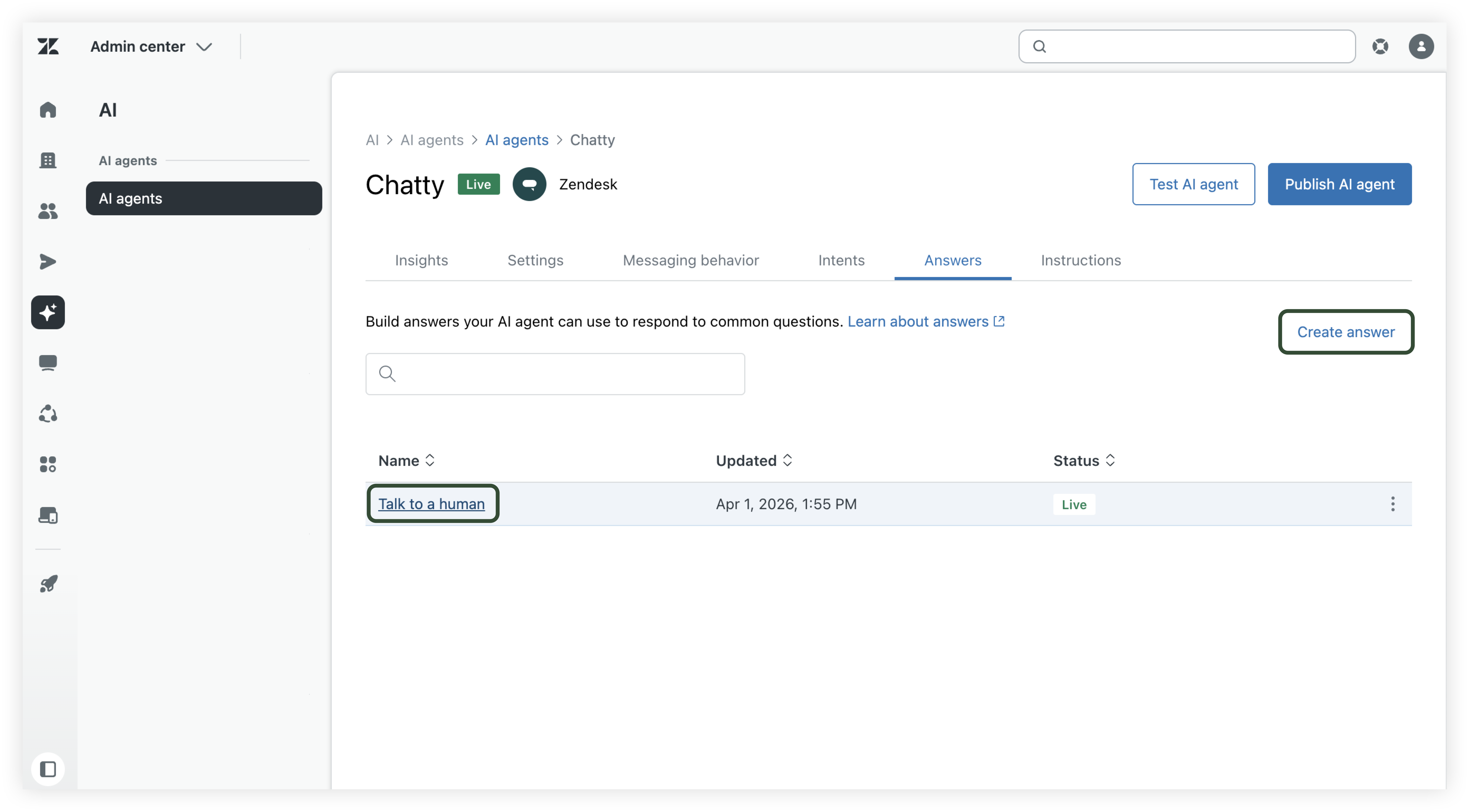 Accessing the bot builder from the AI agents - Answers tab