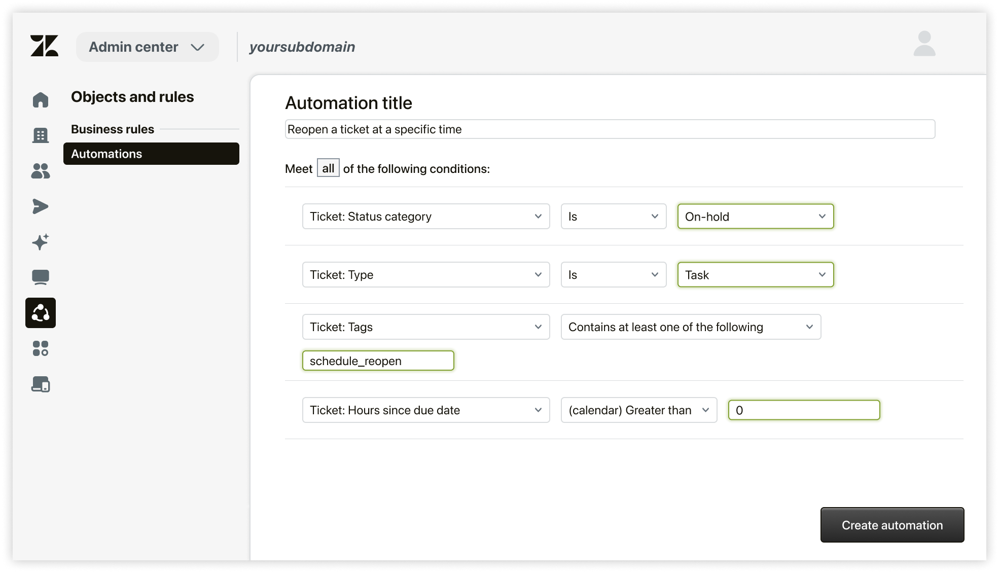 Create an automation to schedule a ticket to reopen at a specific time.png