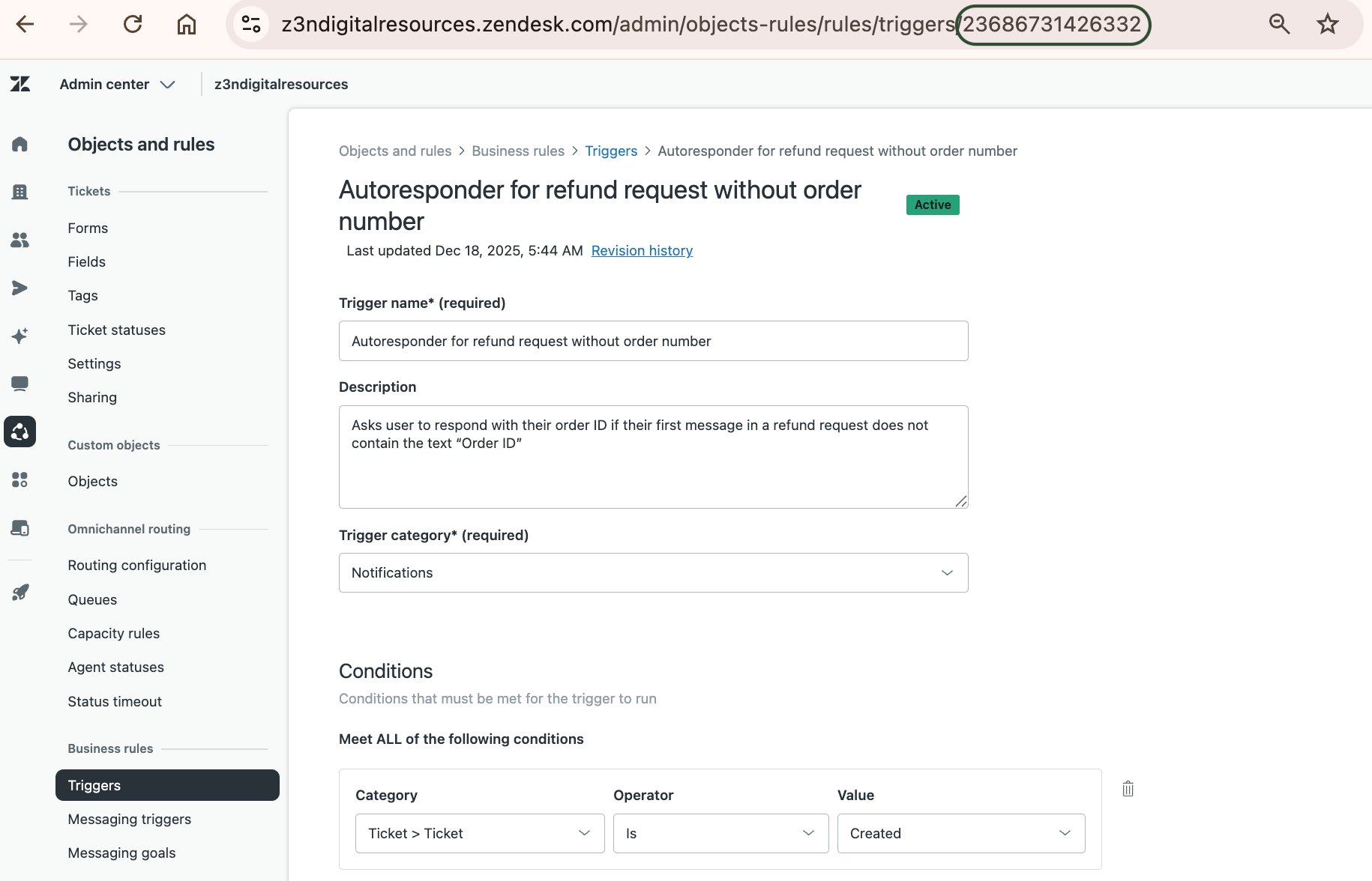 Trigger ID on Zendesk