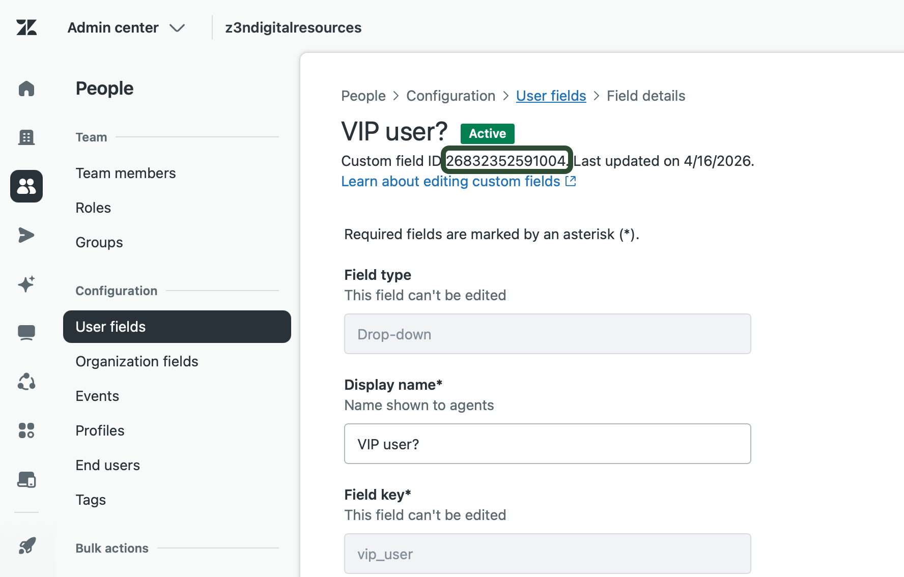 Custom field ID in user fields