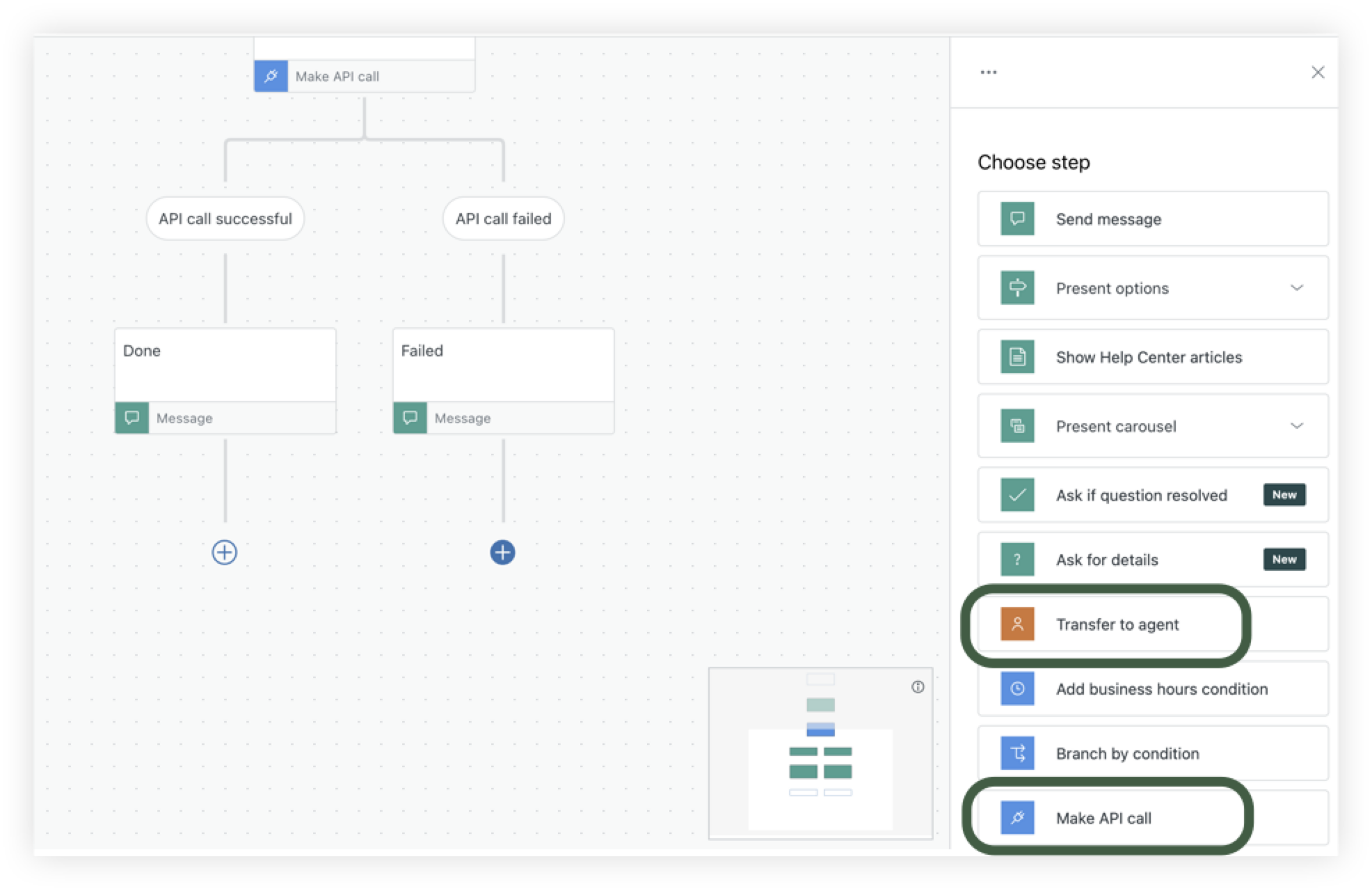 Choose the Make API call step in an AI agent answer flow in place of the Transfer to agent step