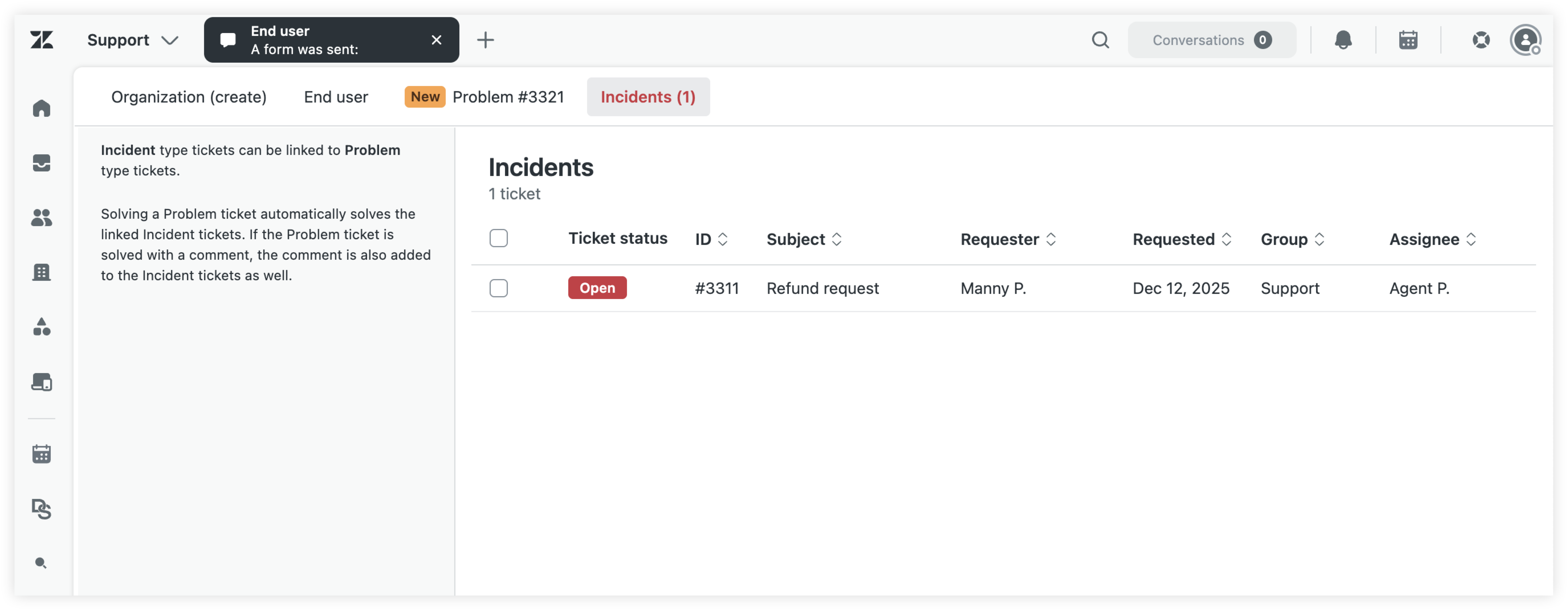 Incidents linked to a Problem ticket in Agent Workspace