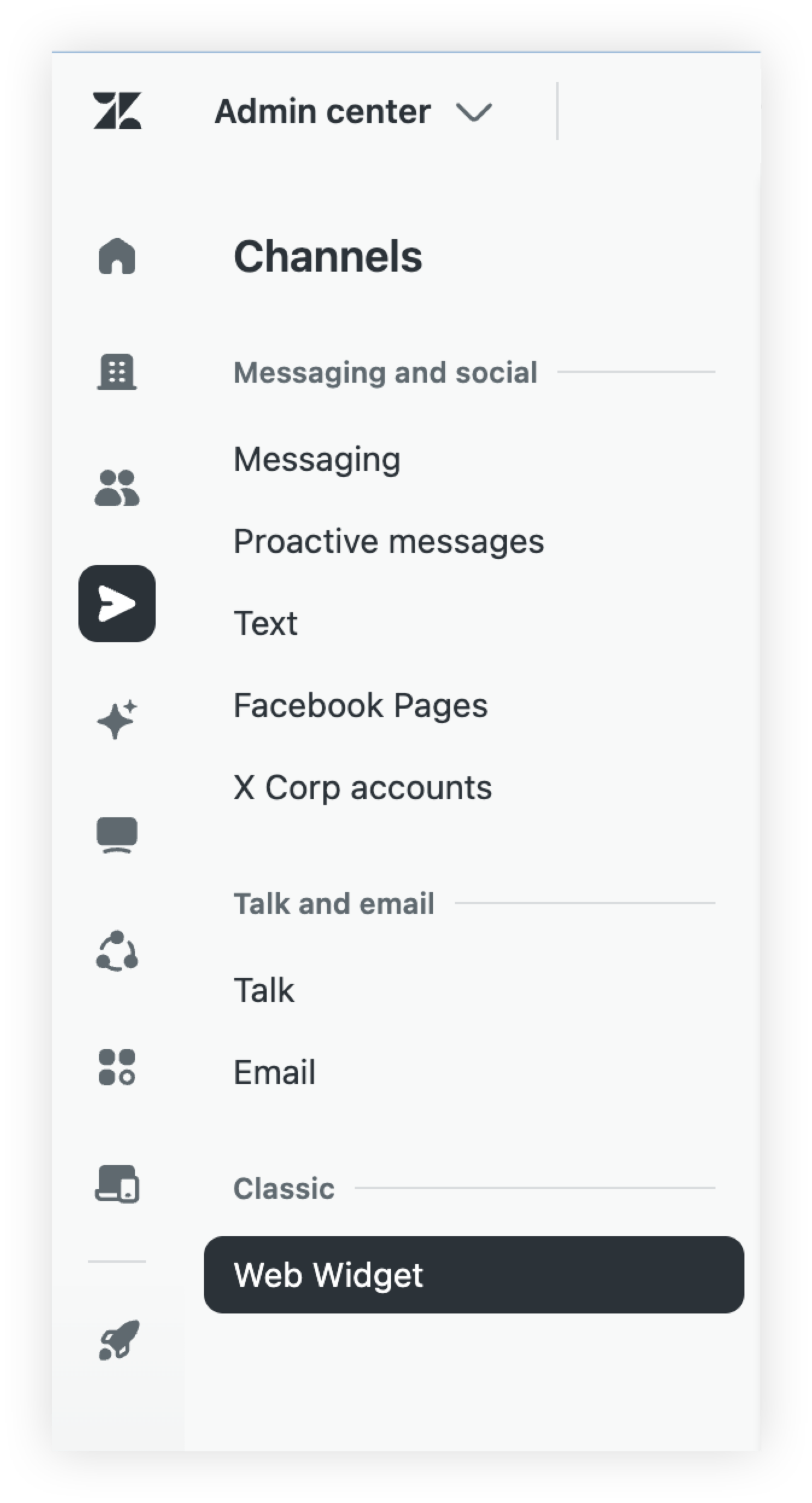Seite Web Widget im Abschnitt Kanäle im Admin Center