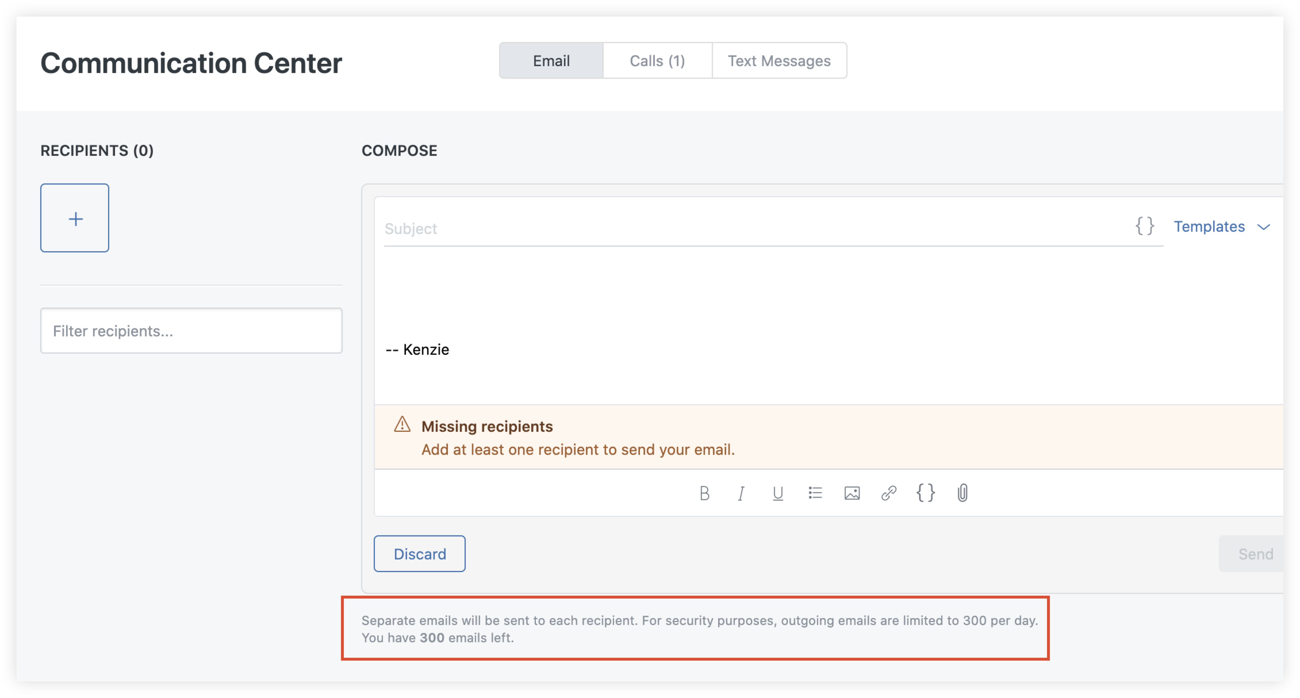 Anzahl der im Zendesk Sell Communication Center verfügbaren E-Mails
