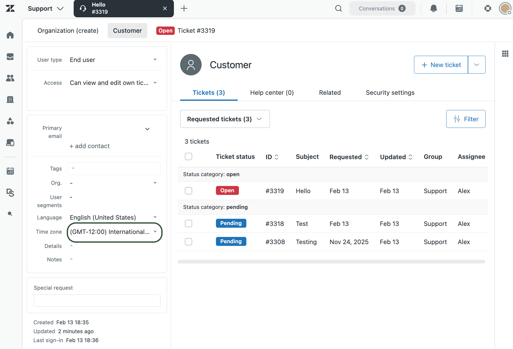 Zendesk 프로필의 시간대