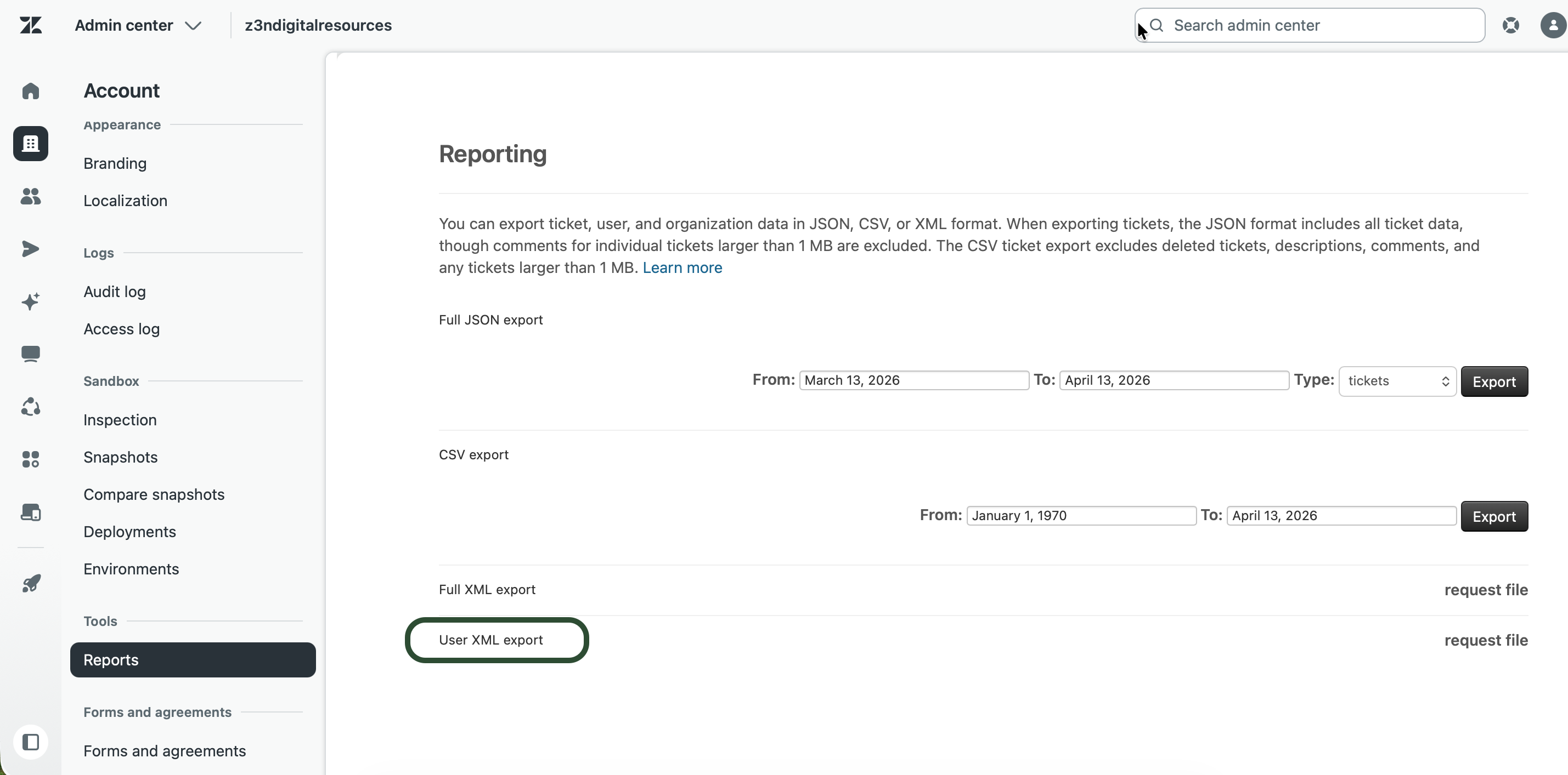 Emplacement des exportations XML de l’utilisateur dans le Centre d’administration