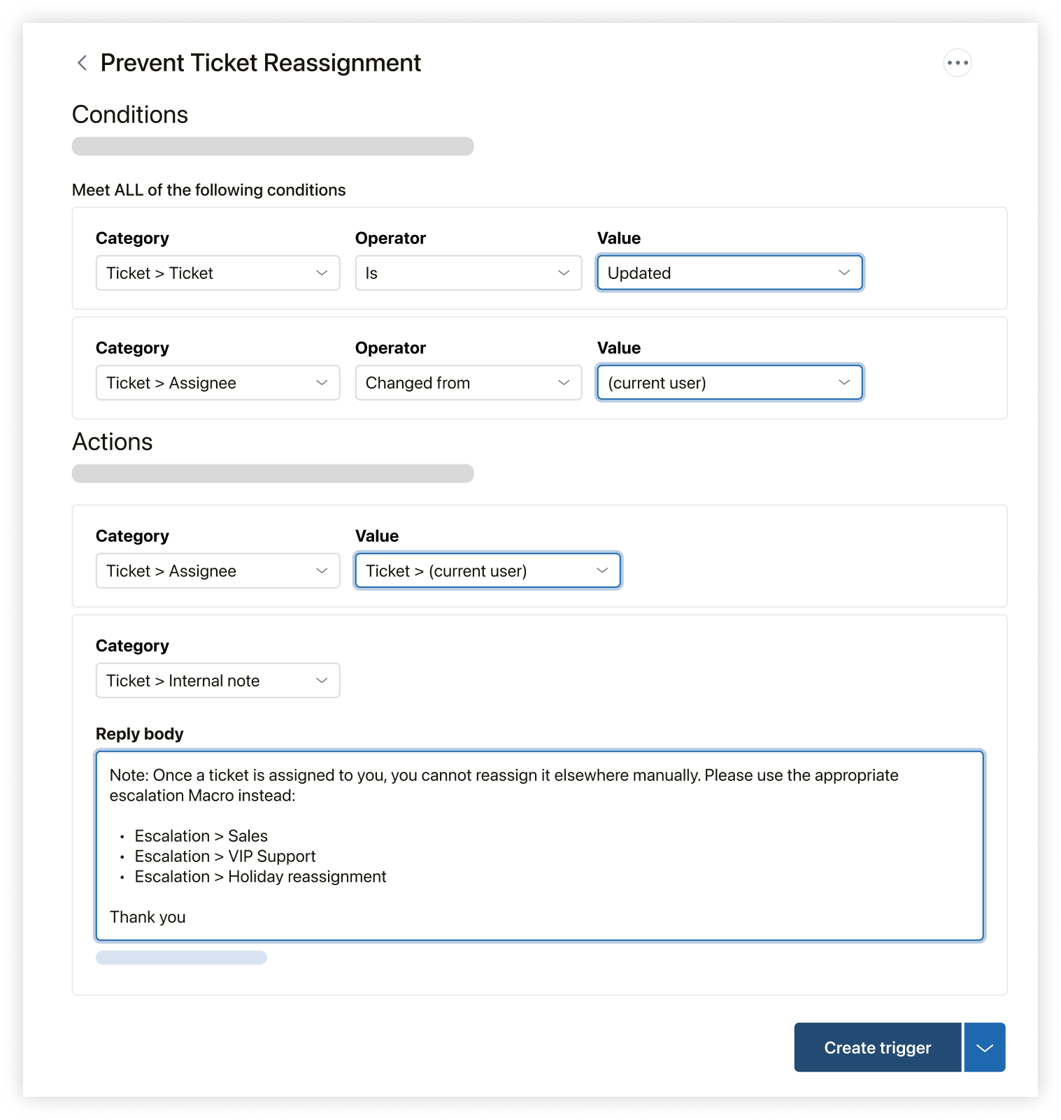 Ticket trigger with internal note
