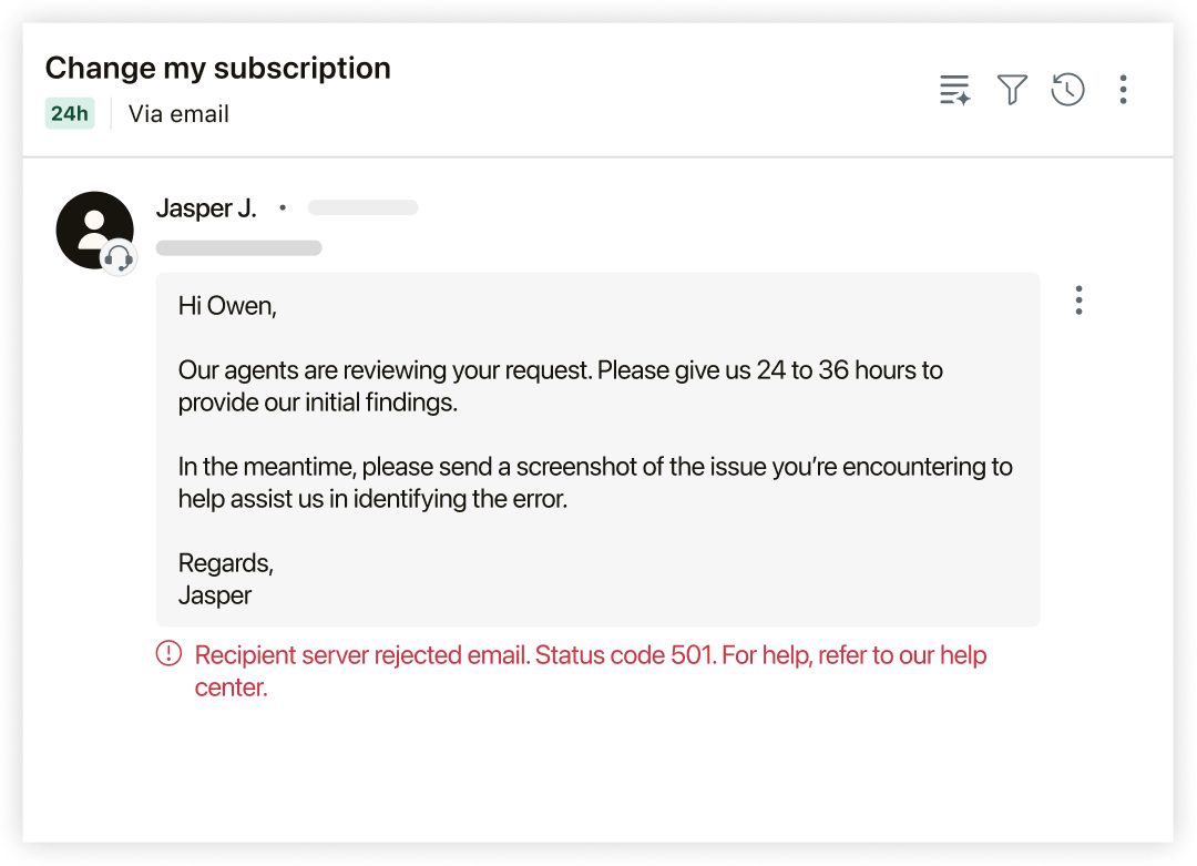 Error message about the email delivery failure in Agent Workspace.png