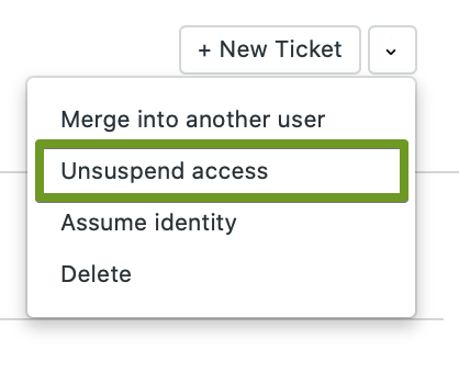 액세스 일시 중단 해제가 선택된 사용자 프로필의 티켓 옵션 드롭다운 필드
