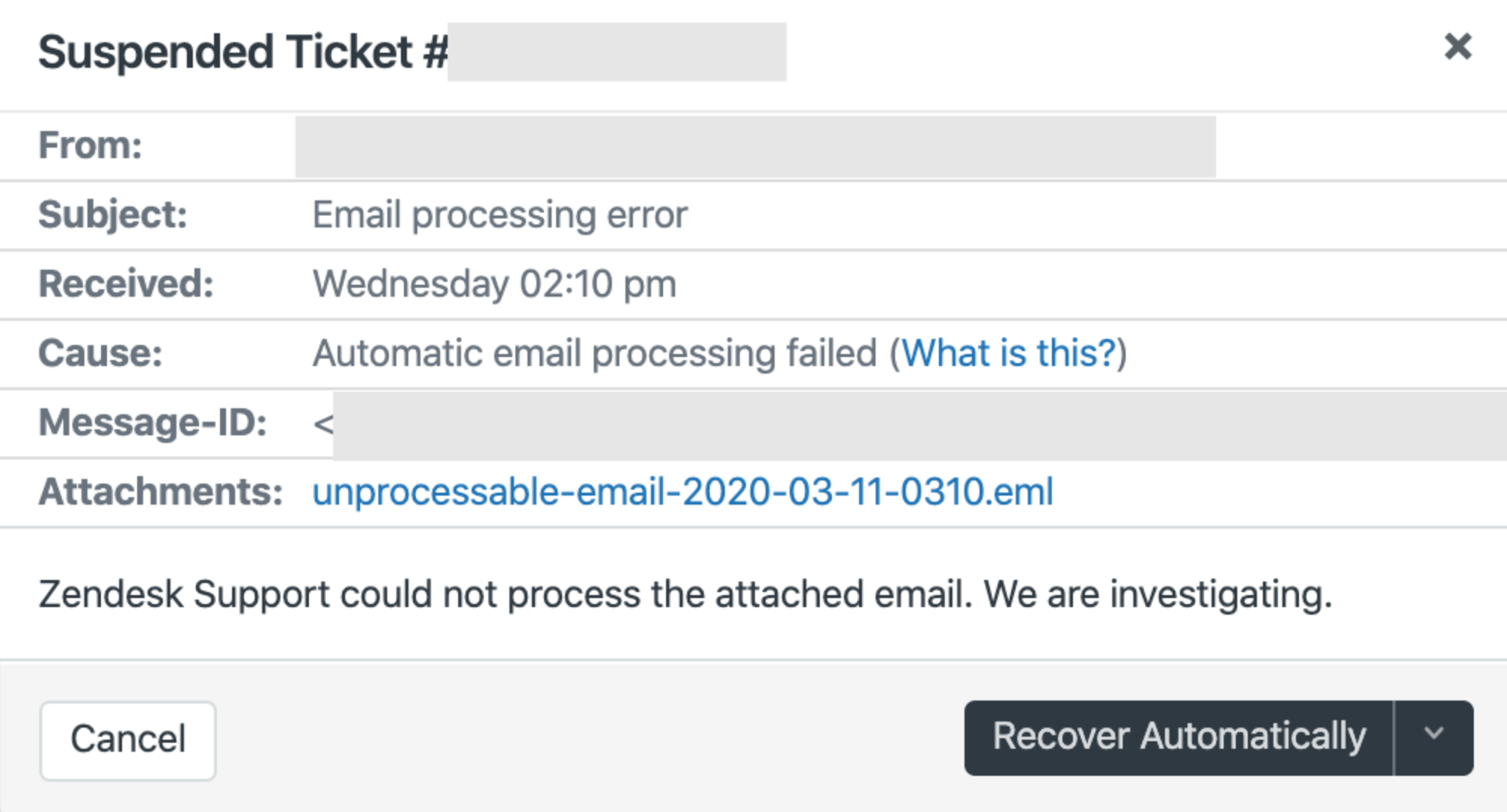 Gesperrtes Ticket aufgrund eines Fehlers bei der E-Mail-Verarbeitung