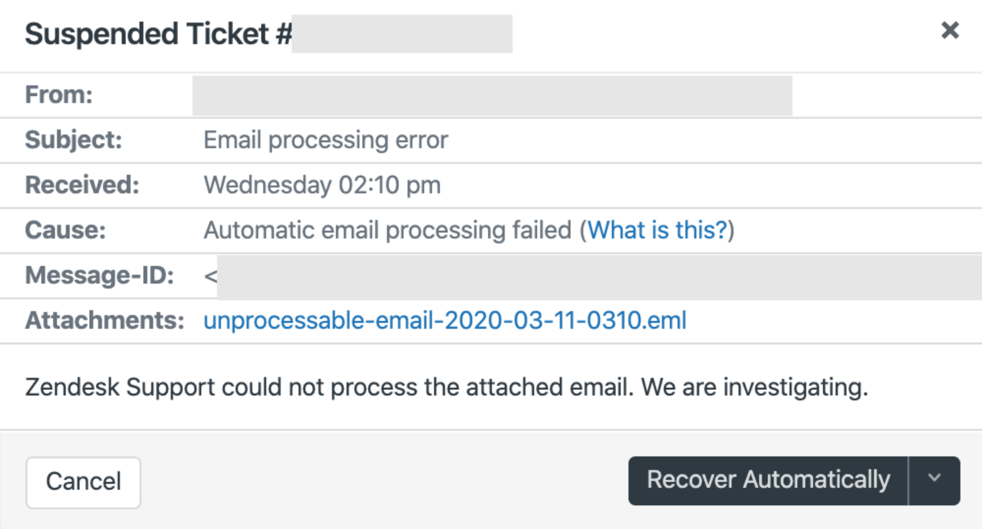 suspended ticket due to Email processing error