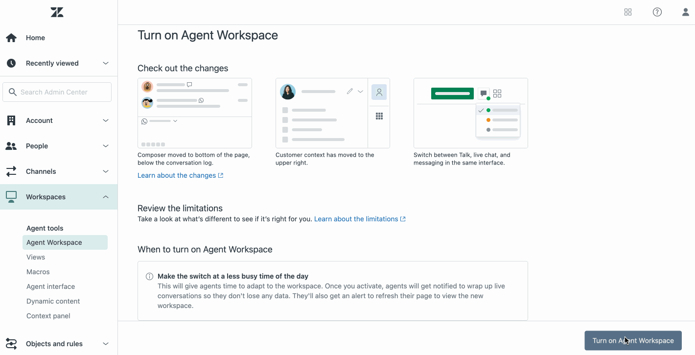 How to turn on the agent workspace