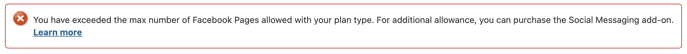 You have exceeded the max number of Facebook Pages allowed with your plan type