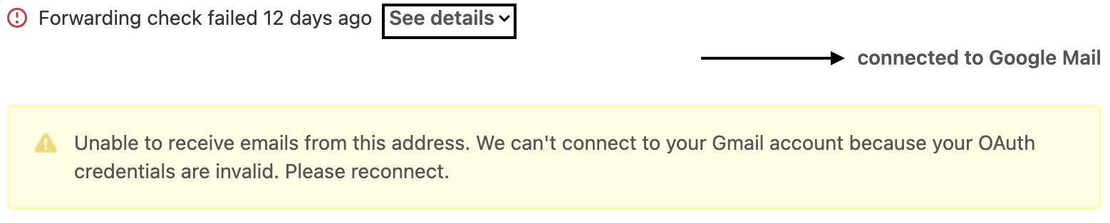 Forwarding check failed connected to Google Mail error