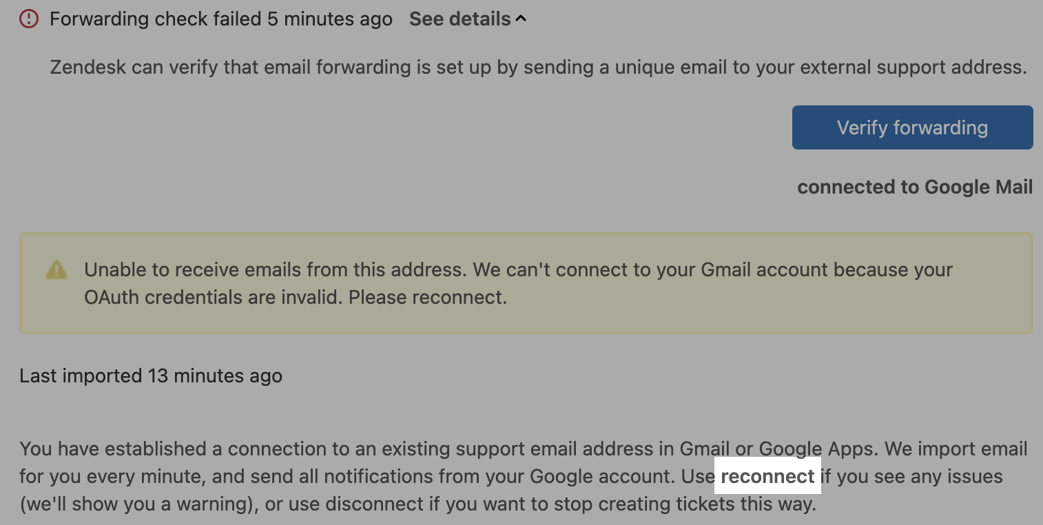 Riconnessione a Gmail tramite il pulsante relativo