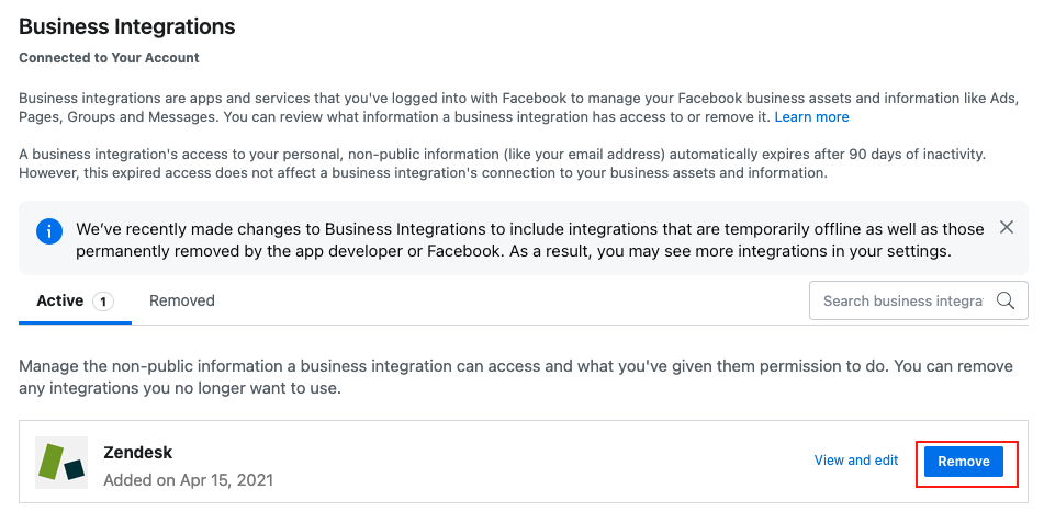 Remove Zendesk from Facebook