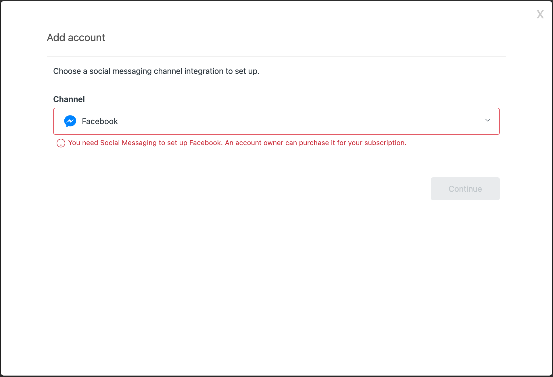 Facebook Messenger를 설정하려면 소셜 메시징이 필요합니다. 계정 소유자가 해당 플랜에 대해 구매할 수 있습니다.
      