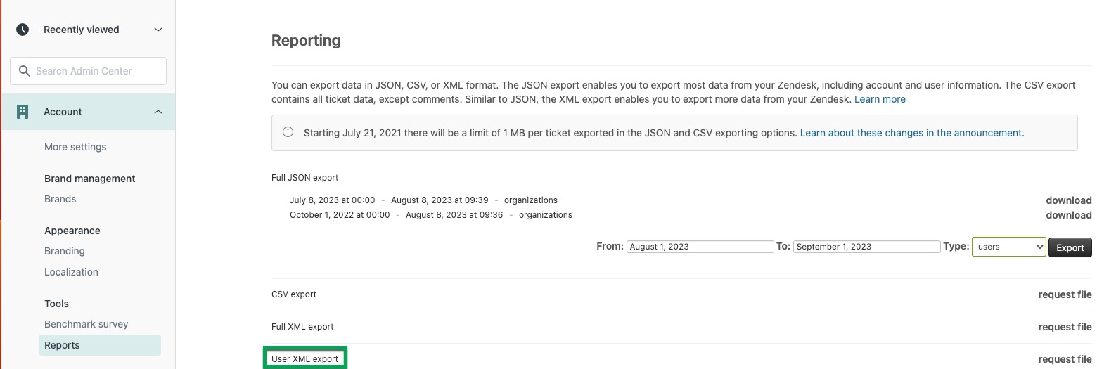 Localização da exportação de XML do usuário na Central de administração.jpg