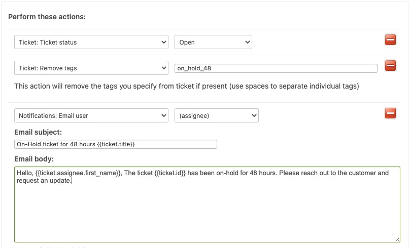 actions for the first automation to remind customers of on-hold tickets