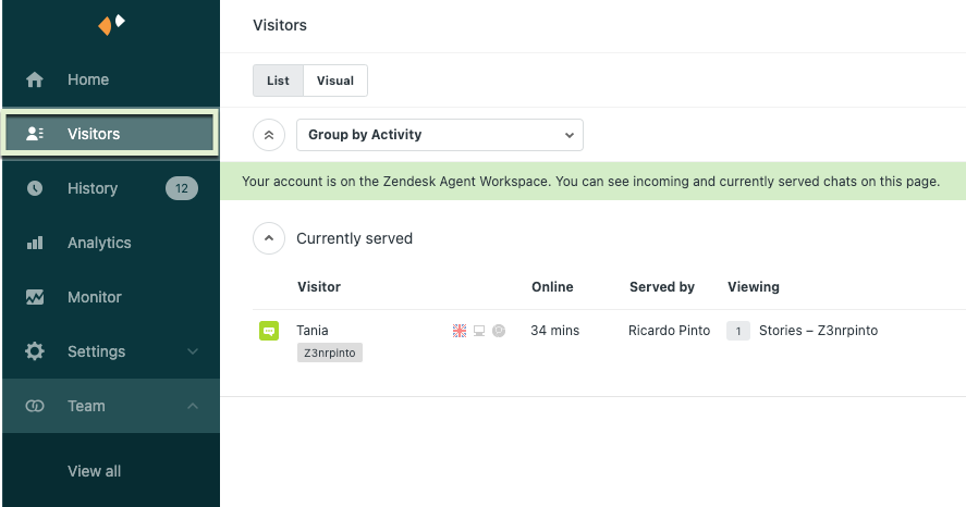 Visitors tab on account with agent workspace enabled