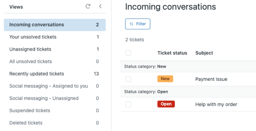 Vue pour les conversations entrantes