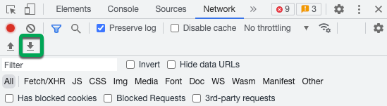 Chrome 네트워크 탭의 다운로드 버튼