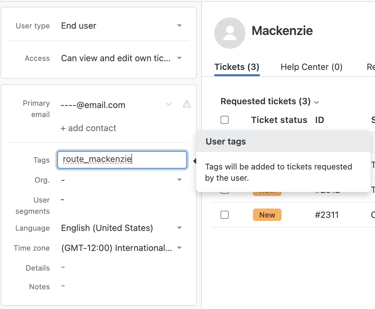 A screenshot of a Zendesk user profile page with a unique tag field highlighted, demonstrating how to add a tag to a specific user