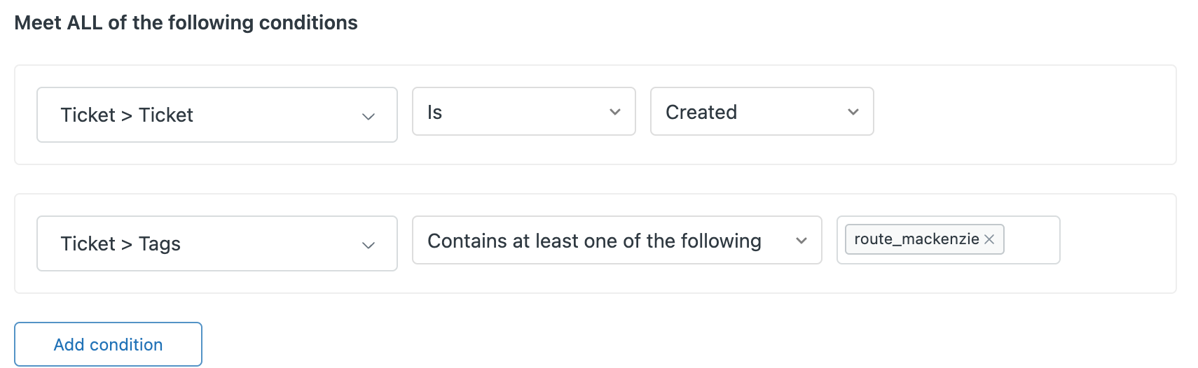 Une capture d’écran de l’interface de création de déclencheur dans Zendesk, montrant les conditions configurées pour router les tickets en fonction d’un marqueur spécifique.