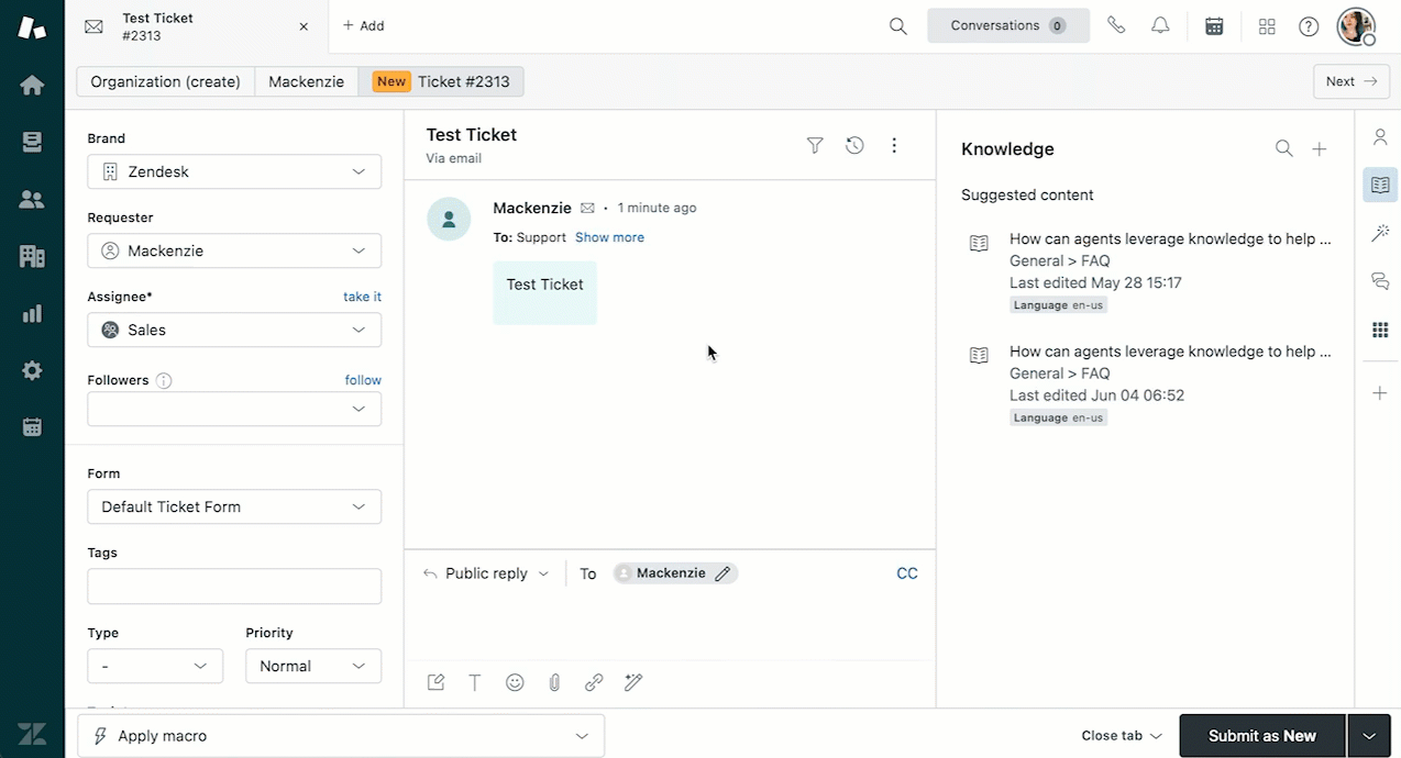 GIF demonstrating the process of verifying trigger setup by viewing ticket events in Zendesk.