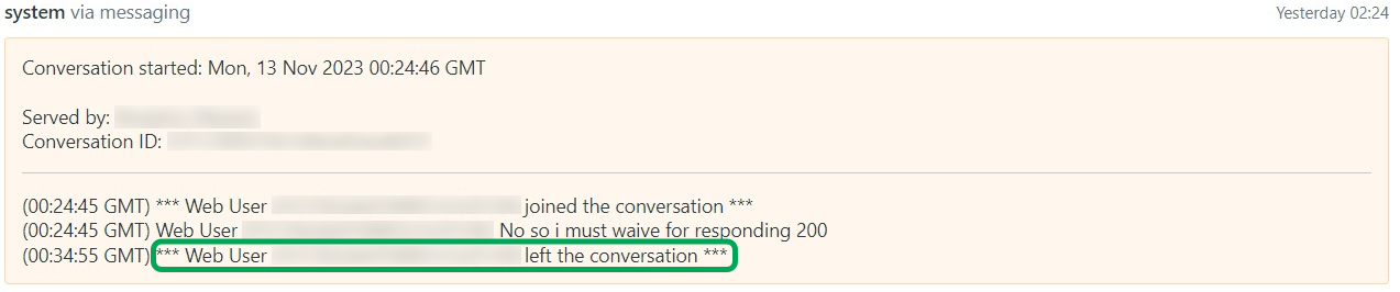 Transcription montrant que l'utilisateur a quitté la conversation dans Messaging.png