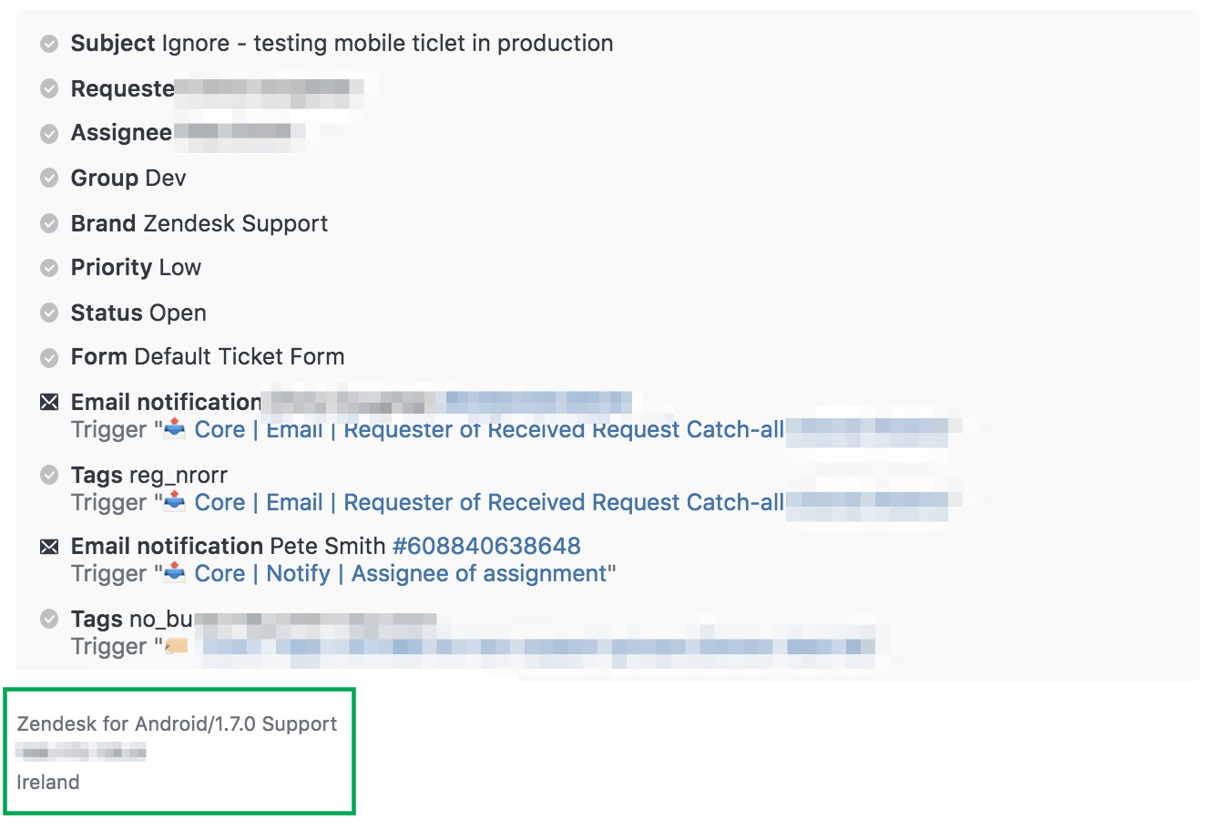 Mobile Support App ticket showing 'Zendesk for Android' under ticket comment in Events view.png