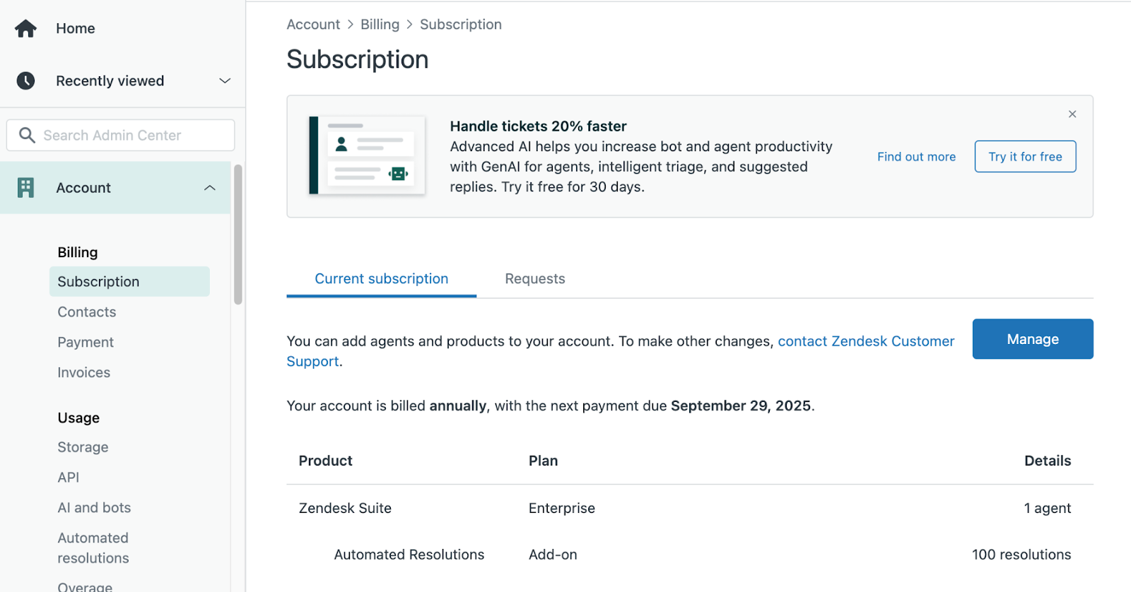 Screenshot of the Admin Center subscriptions page showing Automated Resolutions