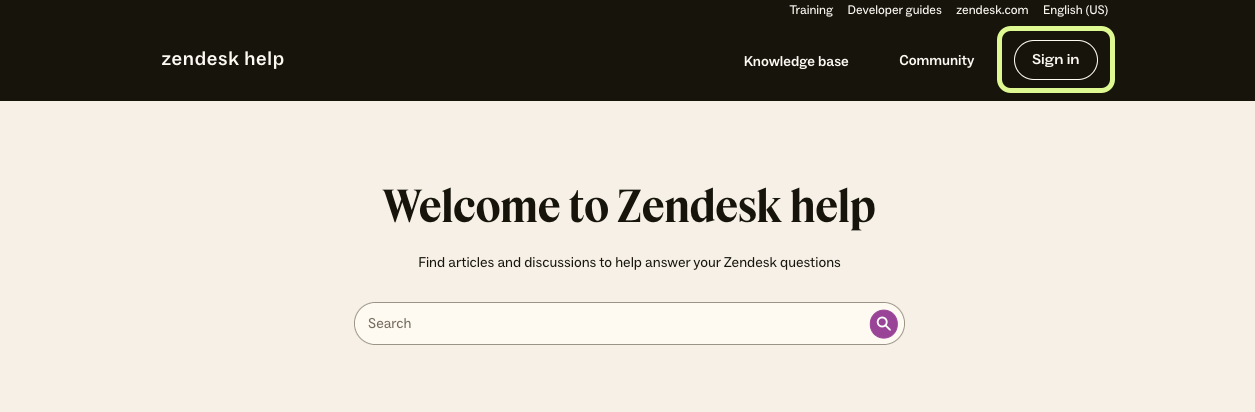 Sign in button on the Zendesk help center page.png