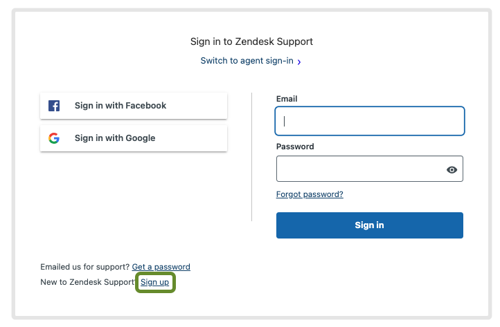 Sign in button on the Zendesk help center page (Sign up).png