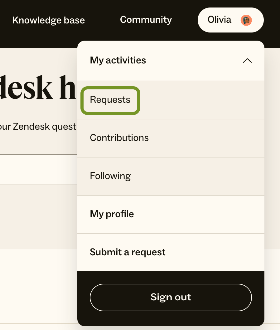 Requests page in the Zendesk help center.png