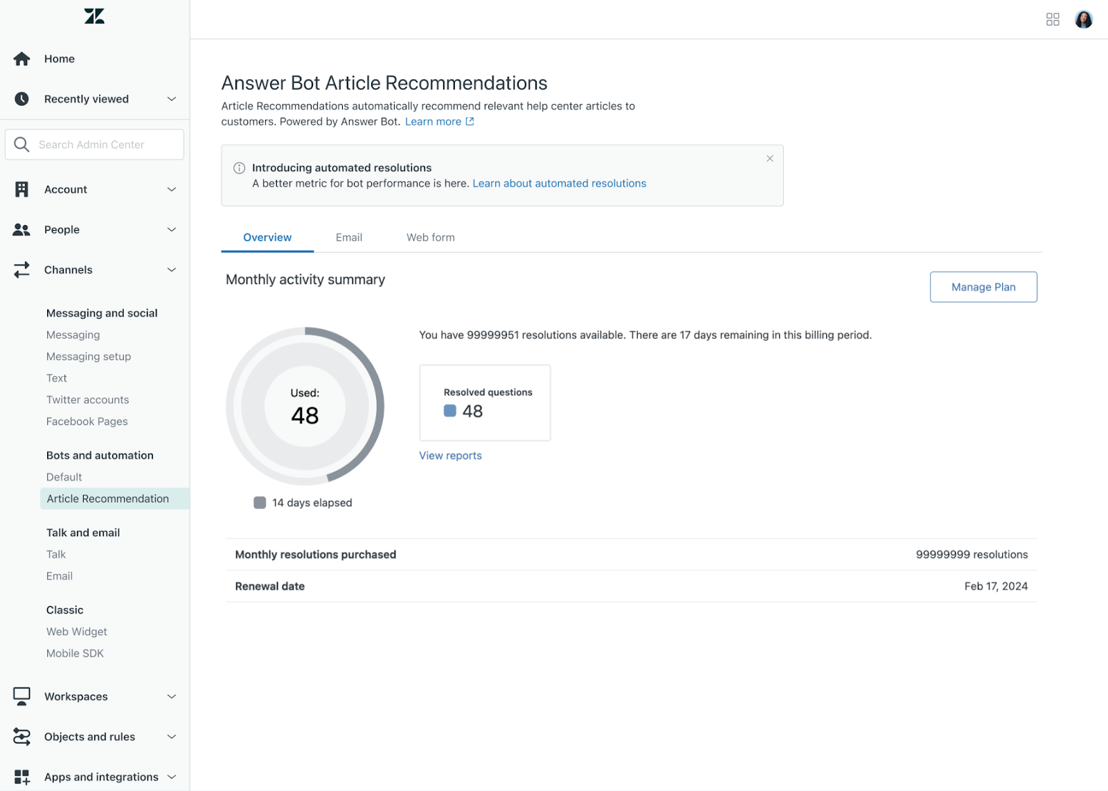 Interface utilisateur affichant l’expérience de recommandation d’articles avec Answer Bot