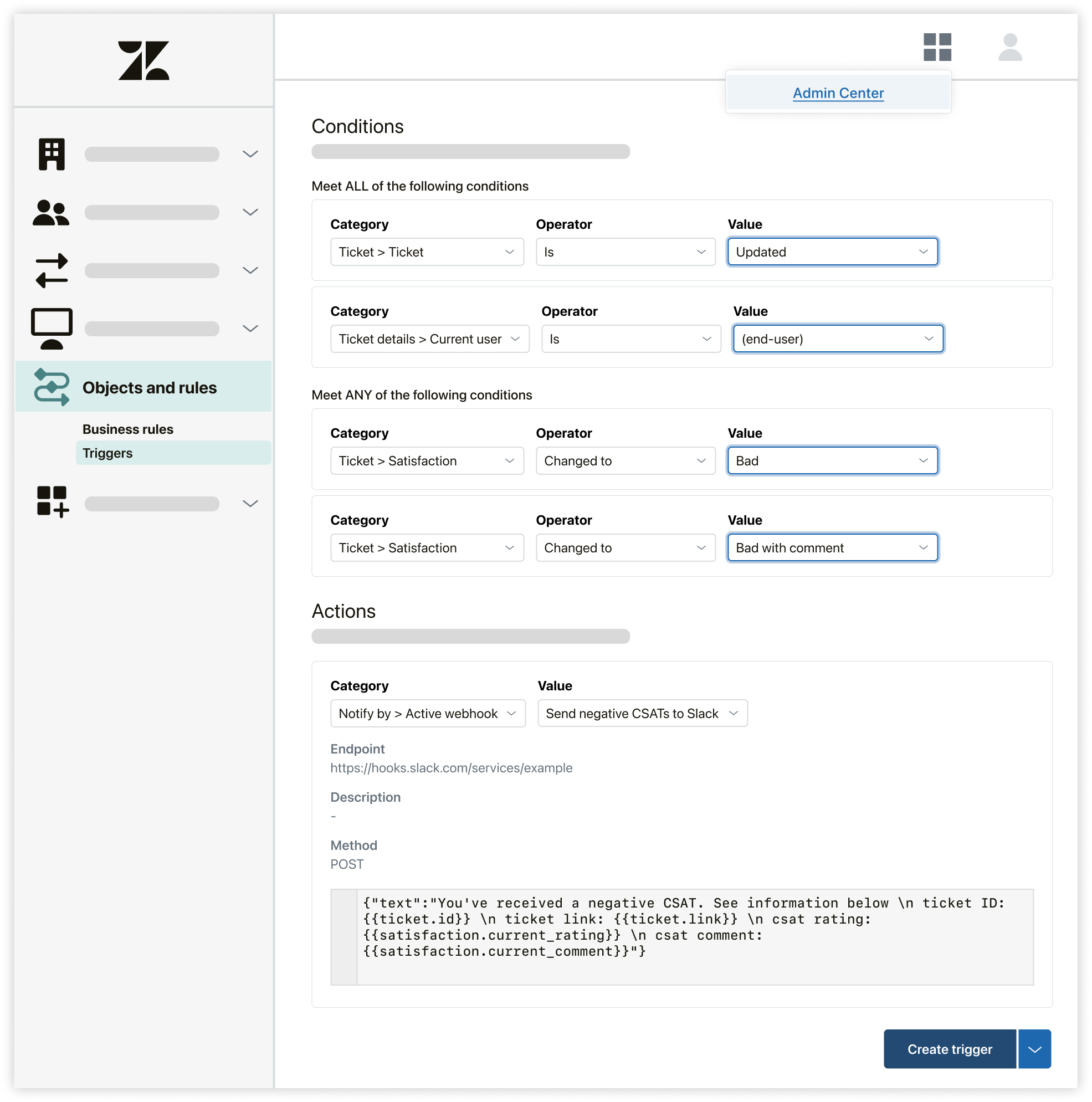 Auslöser, um in Slack zu posten, wenn ein Ticket eine negative Bewertung erhält.png