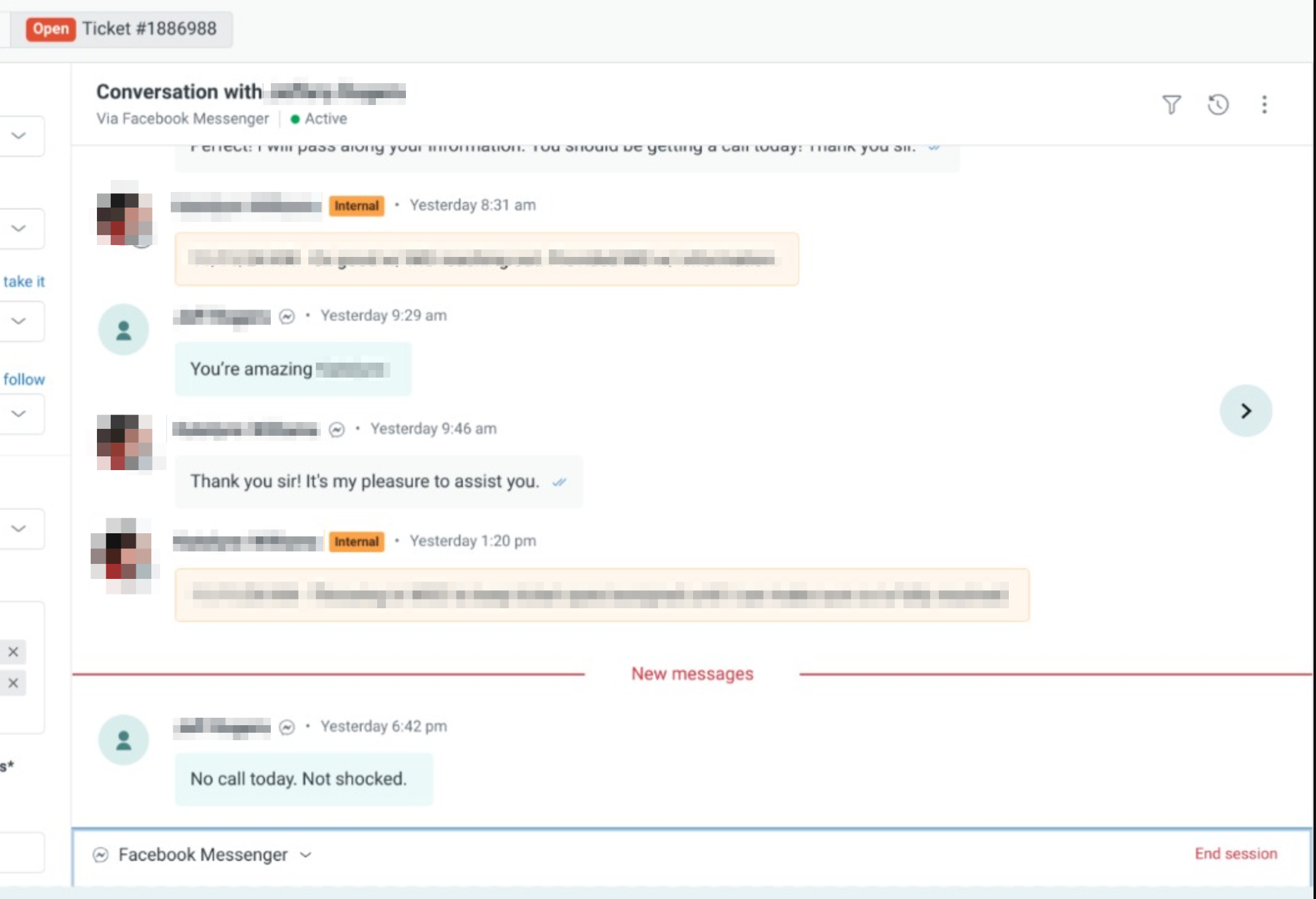 通过 Facebook Messenger 的工单范例